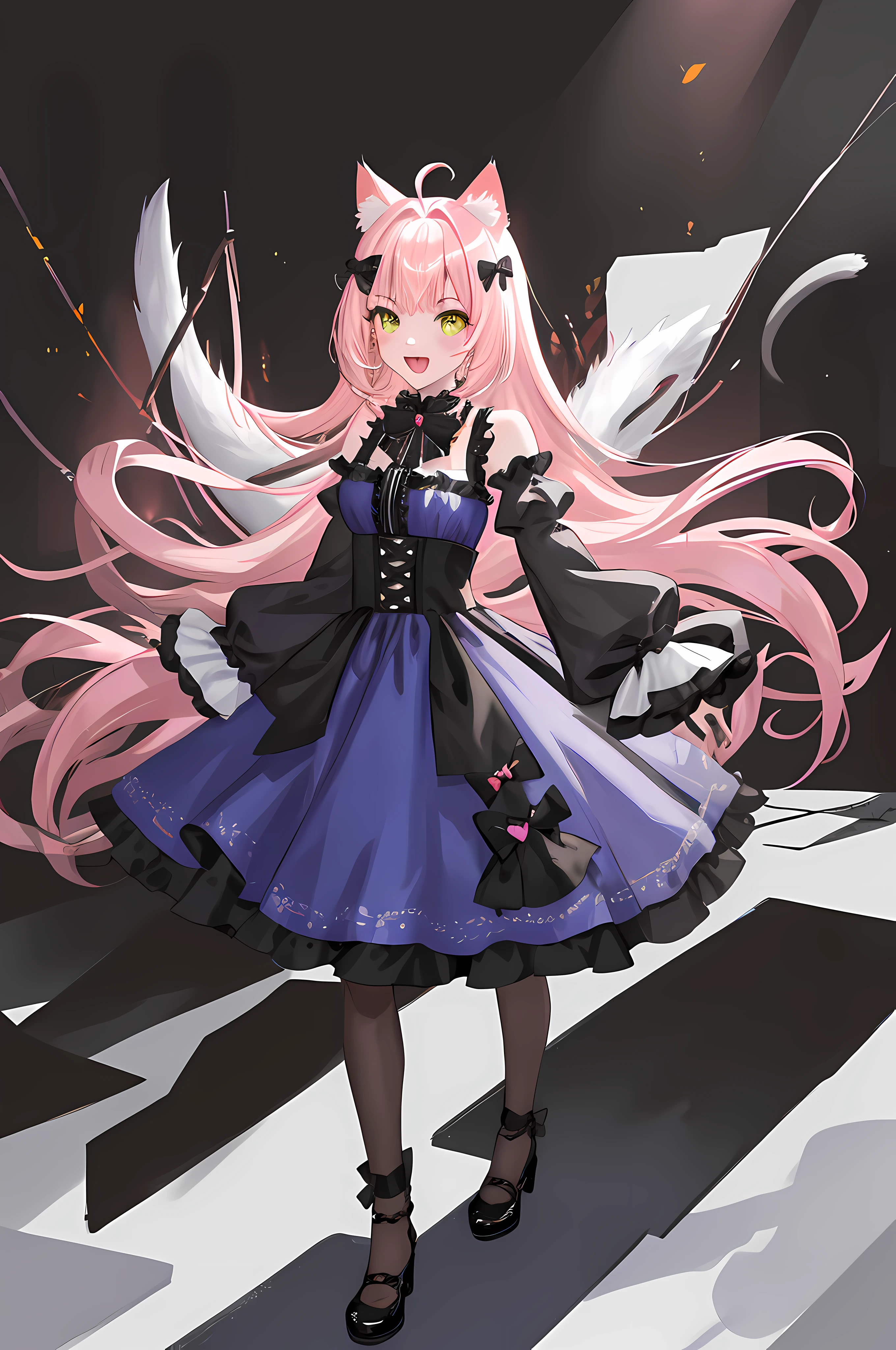 1 girl, animal ears, virtual VTuber, dress, blue dress, solo, cat ears, animal ear flull, ahoge, short white hair, cat girl, hair ornaments, looking at the audience, bangs, split sleeves, smile, fangs, zoom layer, pink hair, heart, bow, open mouth, bare shoulders, long sleeves, attractive, (Sick Number: 1.2), (Masterpiece: 1, 2), Masterpiece, Best Quality, High, Original, Very Detailed Wallpaper, Perfect Lighting, (Very Detailed CG: 1.2), Painting, Brush,