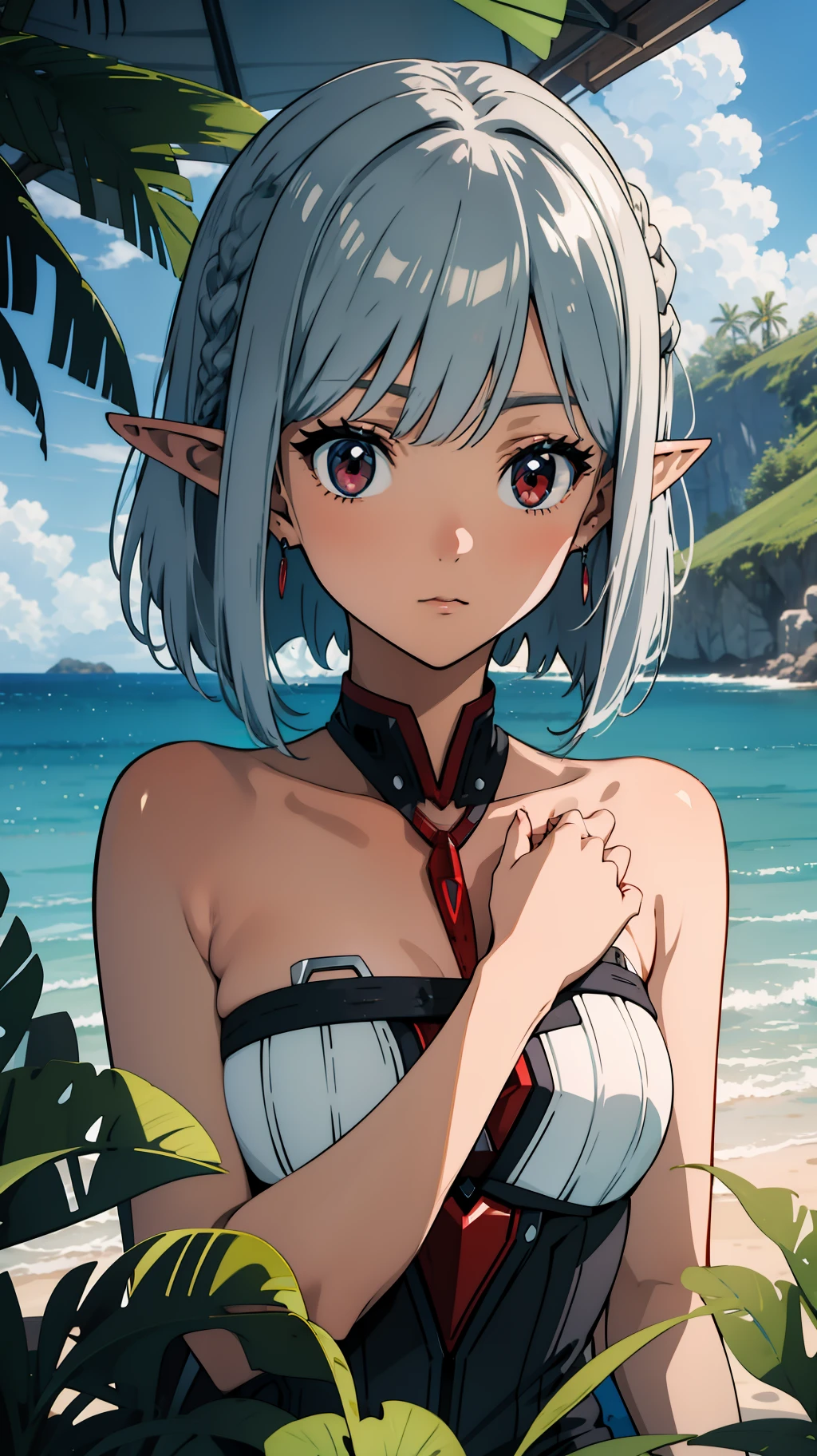 Close up portrait of one girl, elf, silver hair, red eyes, bob cut, swimsuit, hands on chest, surprised, looking down, concept art, beautiful anime scene, best quality, 4K
