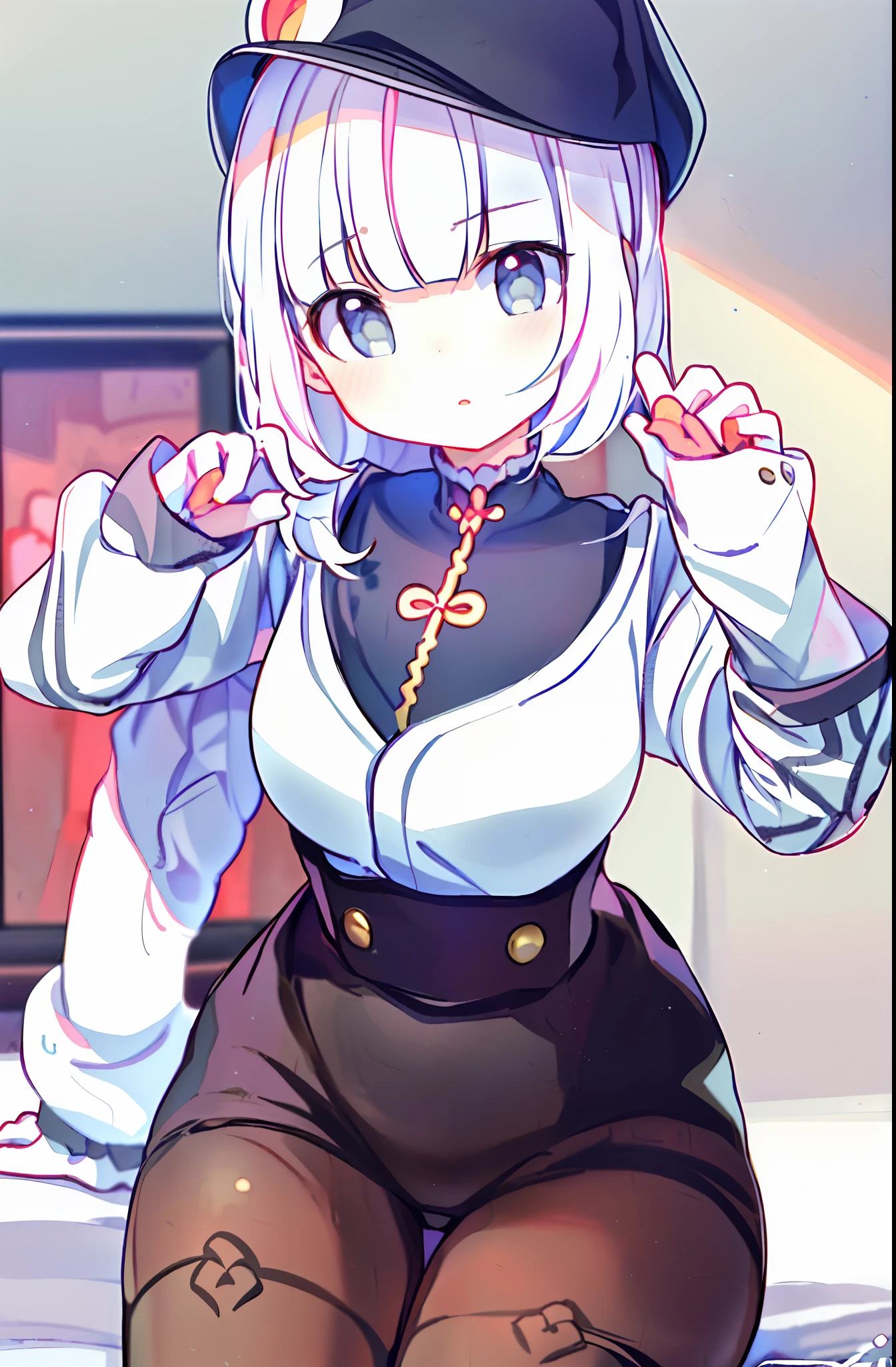 ((masterpiece, best quality, ultra-detailed)), (1girl:1.2), cute_face, kamisato ayaka (genshin impact), blunt bangs, grey eyes, hair strand, long hair, white hair, in japan style bedroom, looking at viewer, from front, close up, portrait, focus, leaning forward, from below,  kamisato_ayaka,