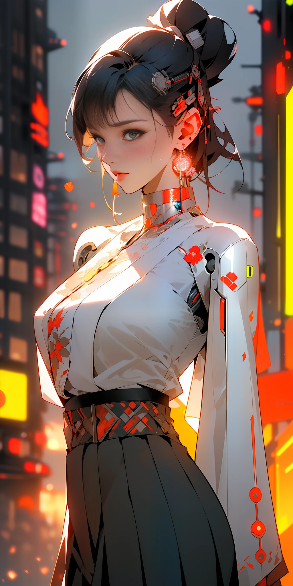 1 girl solo, close-up, (bright eyes), (embroidered pleated skirt, embroidered collar Uesugi, large sleeved shirt, streamers), (hanbok), clear facial features, ((cyberpunk style, robotic arm, holographic aura, surreal sci-fi art, futuristic sci-fi aesthetics)), (8k, raw photo, best quality, masterpiece: 1.2), (realistic, photo realistic: 1.4), (very detailed CG Unity 8k wallpaper), (neon: 1.4)
