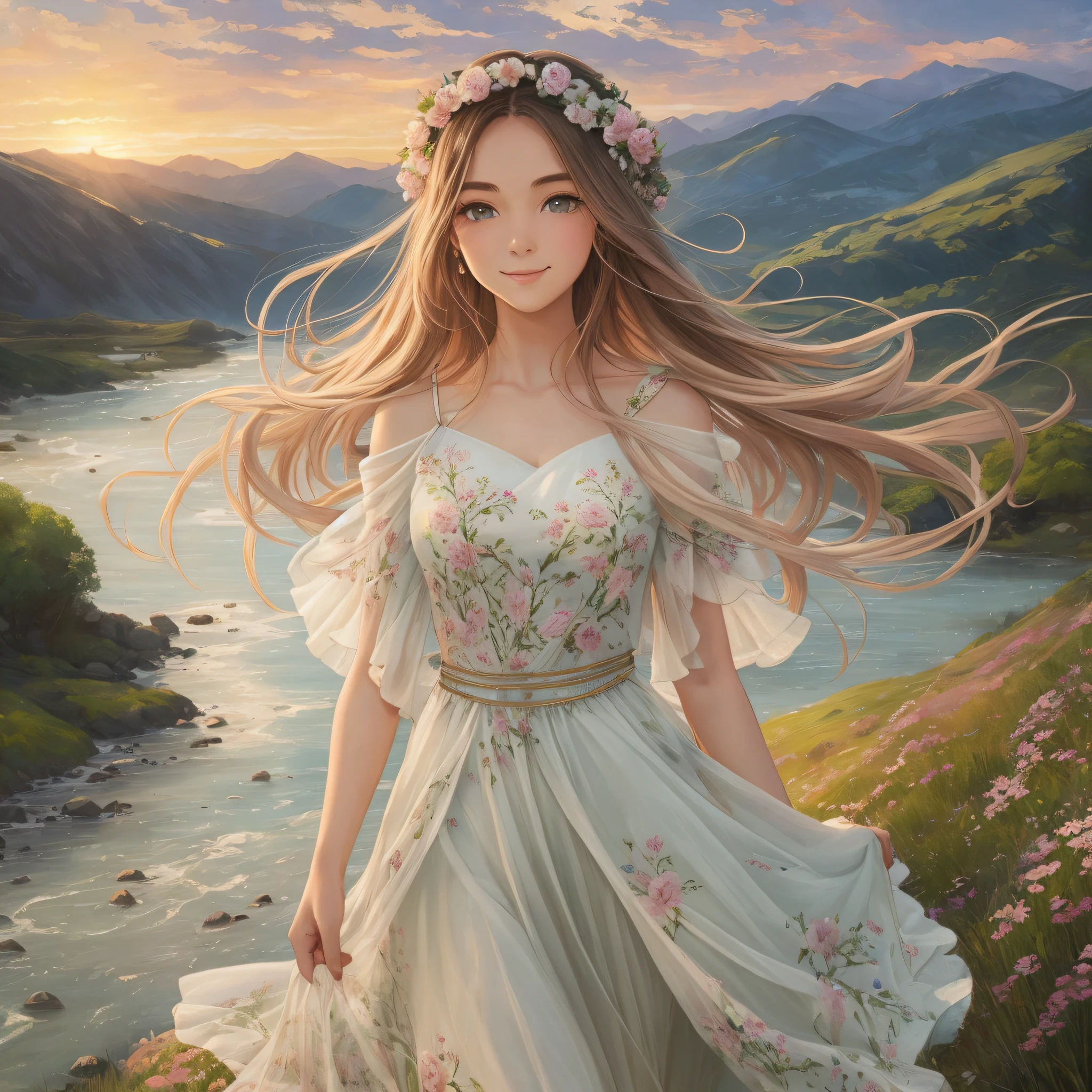 ((landscape painting style + fresh painting style): 1.3 + beauty: 1.2), soft and delicate, subtle and restrained, flowing and light, natural and smooth, antique style broken flower clothes, (meaning between the eyebrows + smile + blushing face), sunset mountains, river sparkles, distant clouds, natural tones, halos, flashing streamers, pitch angle, blurred focus. --auto --s2