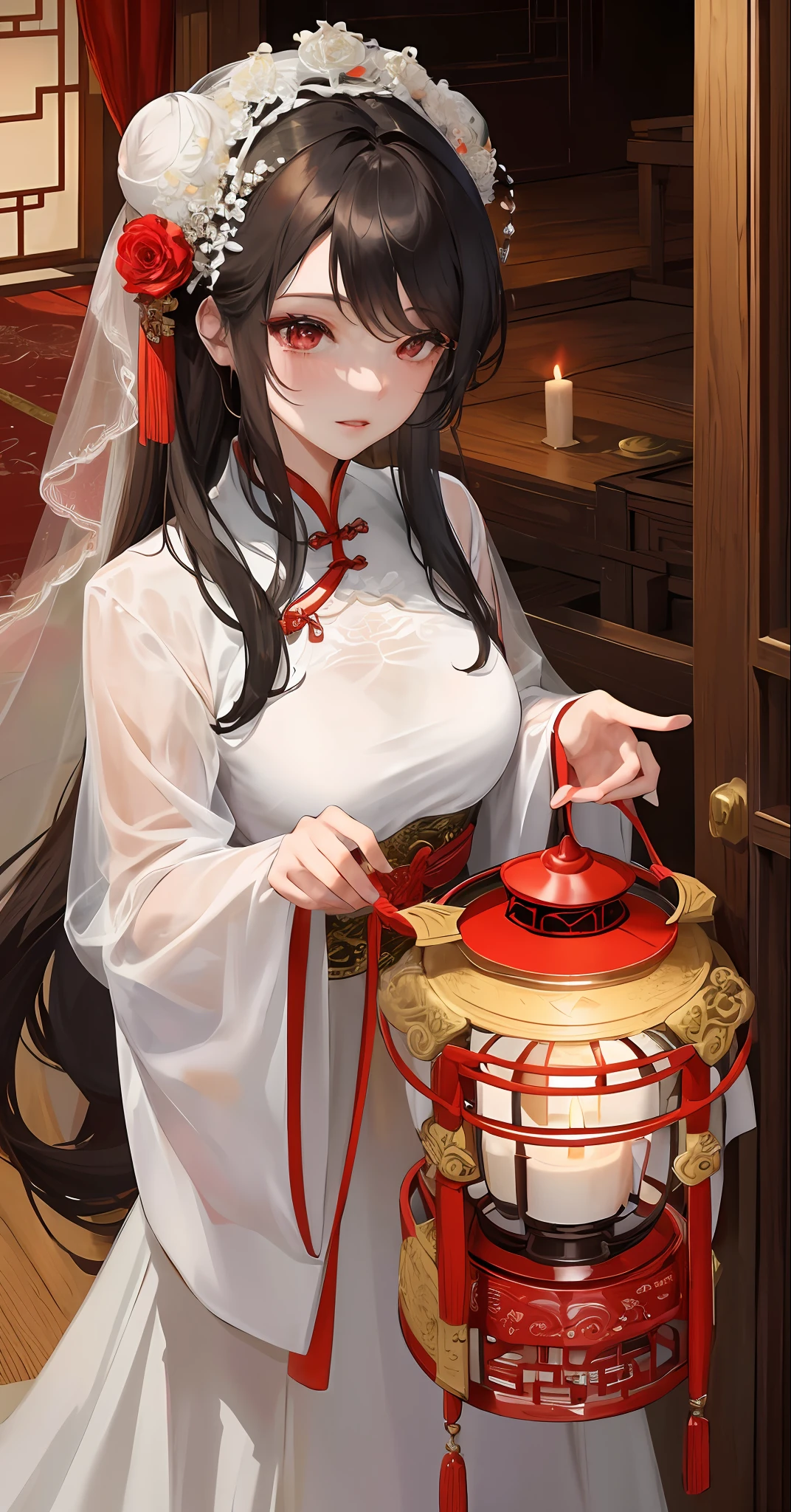 Masterpiece, Superb Product, Cave House Flower Candle Night, Wedding Scene, 1 Daughter, Mature Woman, Chinese Style, Sister, Royal Sister, Chinese Costume Red Wedding Dress, Bun, Black Long-Haired Woman, Gentle, Intellectual, Three Belts, Wedding Background, Wan, Red Lantern