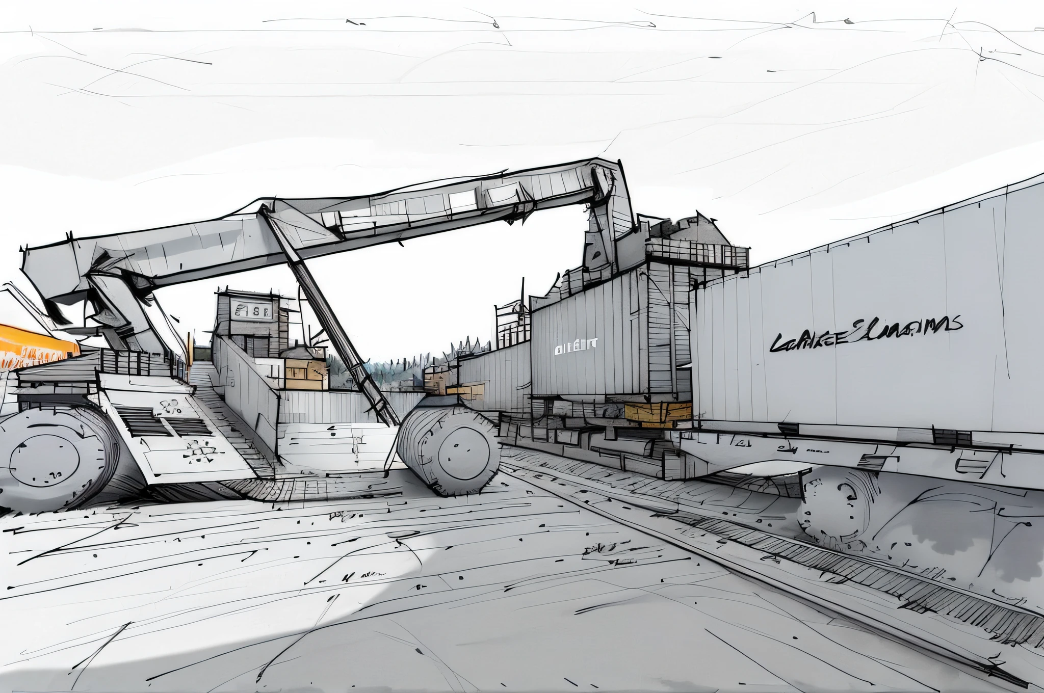 linear, gray, white background, simple background, sketch, sketch, pen_sketch_style, there is a large bulldozer that lifts the container, loading, heavy machinery, truck, large shovel, mining scrap metal, gravel, hard work, massive construction machines