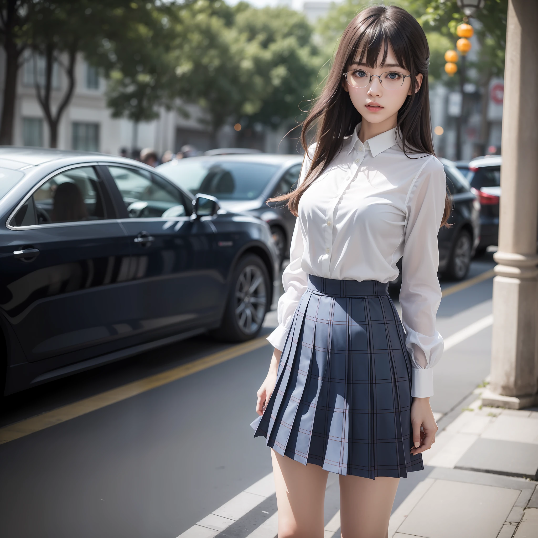 (8K, RAW Photo, Best Quality, Masterpiece: 1.2), Medium Hair, Alone, Solo, Glasses, Chinese Woman, Standing, Tight Eyes, Thin, Gritty, Angry, Small, Flat Breasts (Realistic, Photorealistic: 1.37), Best Quality, Ultra High Resolution, Photon Mapping, Radiosity, Physically Based Rendering, Blurred, Foreground, Depth of Field, Blurry Background, Photo _\ (medium), motion blur, girl, (full) body), long legs, slender legs, medium hair, bangs, (bangs visible), hair_ornament, lips, blue_eyes, nosesoft, china, white shirt, navy blue and white plaid pleated skirt, sheer clothing, black loafers, thigh, black cotton socks,