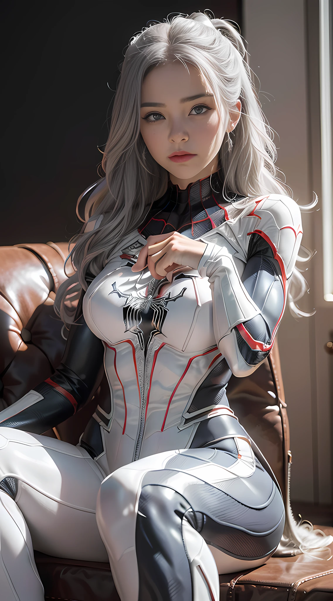 (Extreme Detail CG Unity 8K wallpaper, masterpiece, highest quality), (exquisite lighting and shadow, highly dramatic picture, cinematic lens effect), a girl in a white Spider-Man costume, silver-gray hair color, from the Spider-Man parallel universe, Wenger, Marvel, Spider-Man, sitting on the couch, dynamic pose), (excellent detail, outstanding lighting, wide angle), (excellent rendering, enough to stand out in its class), focus on white Spider-Man costumes, complex spider textures, Appropriate posture