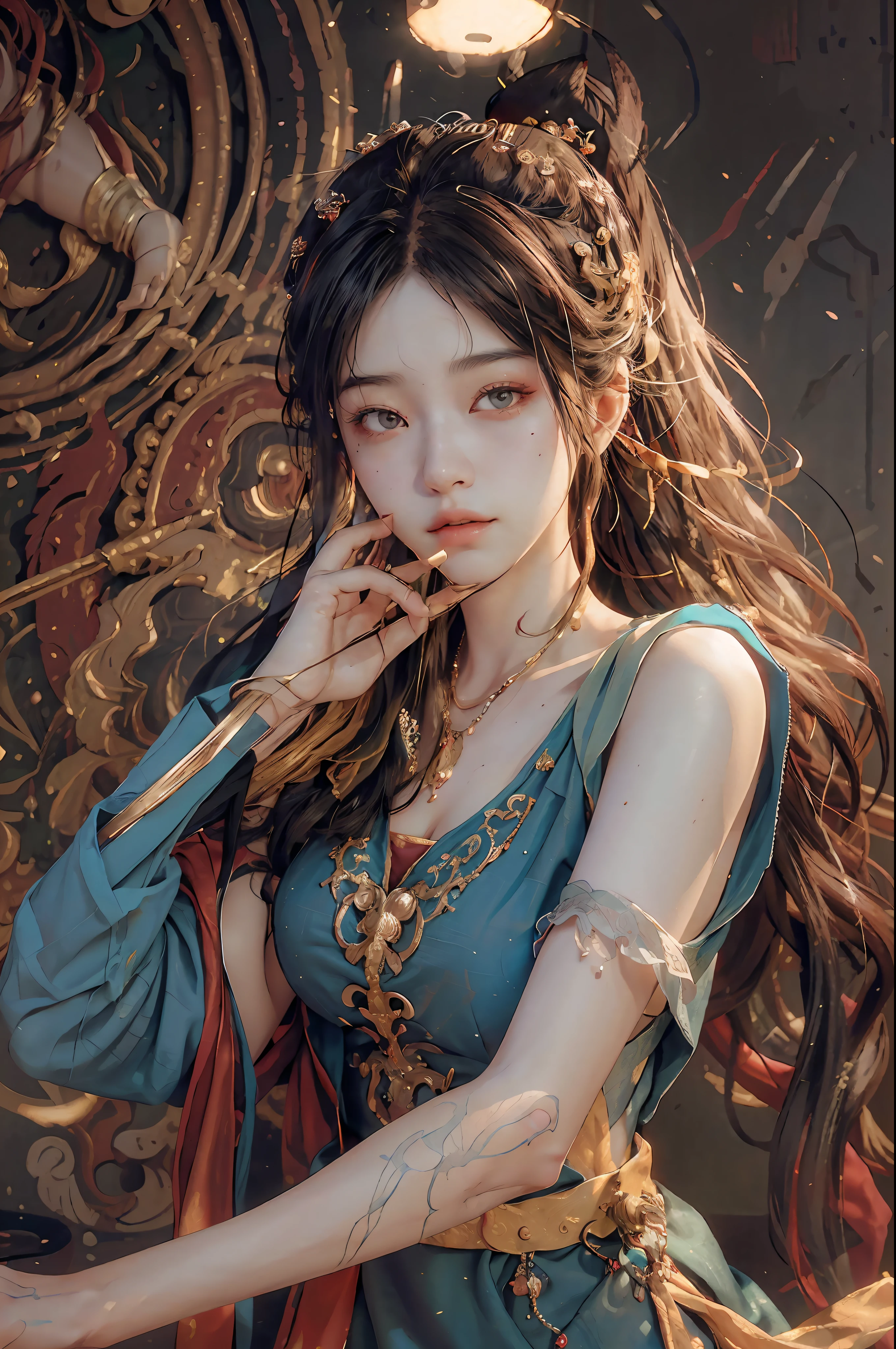 (RAW photo, best quality), (realistic, photo-realistic:1.3),best quality,highly detailed,masterpiece,ultra-detailed,illustration,1girl,upper_body,dynamic angle,world masterpiece theater,messy_long_hair,best quality,extremely detailed CG unity 8k wallpaper,ink,Amazing,cinematic lighting,lens_flare, dunhuang_style