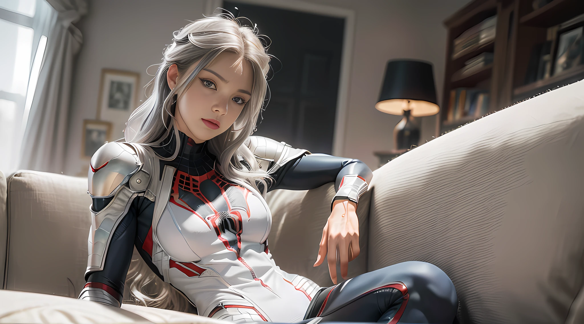 (Extreme Detail CG Unity 8K wallpaper, masterpiece, highest quality), (exquisite lighting and shadow, highly dramatic picture, cinematic lens effect), a girl in a white Spider-Man costume, silver-gray hair color, from the Spider-Man parallel universe, Wenger, Marvel, Spider-Man, sitting on the couch, dynamic pose), (excellent detail, outstanding lighting, wide angle), (excellent rendering, enough to stand out in its class), focus on white Spider-Man costumes, complex spider textures, Appropriate posture