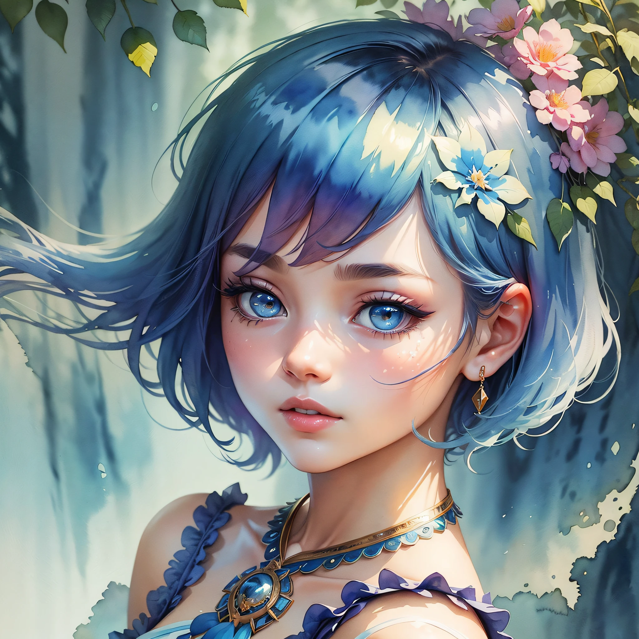 (Best Quality), (Masterpiece: 1.2), (Colorful: 0.9), (Ink Splash), (Color Splash), ((Watercolor)), Sharp Focus, (Portrait of Summer Goddess: 1.5), Cute Look, Elegant Light Blue Haircut, Beautiful and Detailed Face and Eyes, Elegant Goddess Clothes, Summer Forest Background, Colored Water --auto --s2