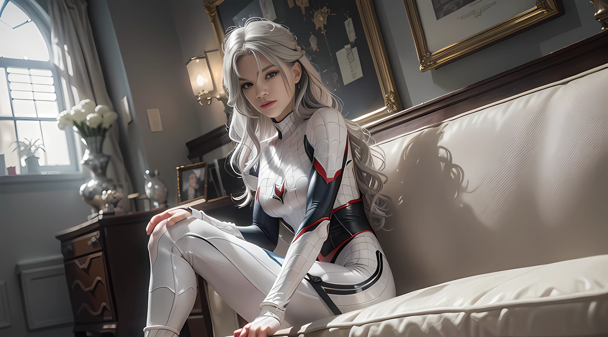 (Extreme Detail CG Unity 8K wallpaper, masterpiece, highest quality), (exquisite lighting and shadow, highly dramatic picture, cinematic lens effect), a girl in a white Spider-Man costume, silver-gray hair color, from the Spider-Man parallel universe, Wenger, Marvel, Spider-Man, sitting on the couch, dynamic pose), (excellent detail, outstanding lighting, wide angle), (excellent rendering, enough to stand out in its class), focus on white Spider-Man costumes, complex spider textures, Appropriate posture