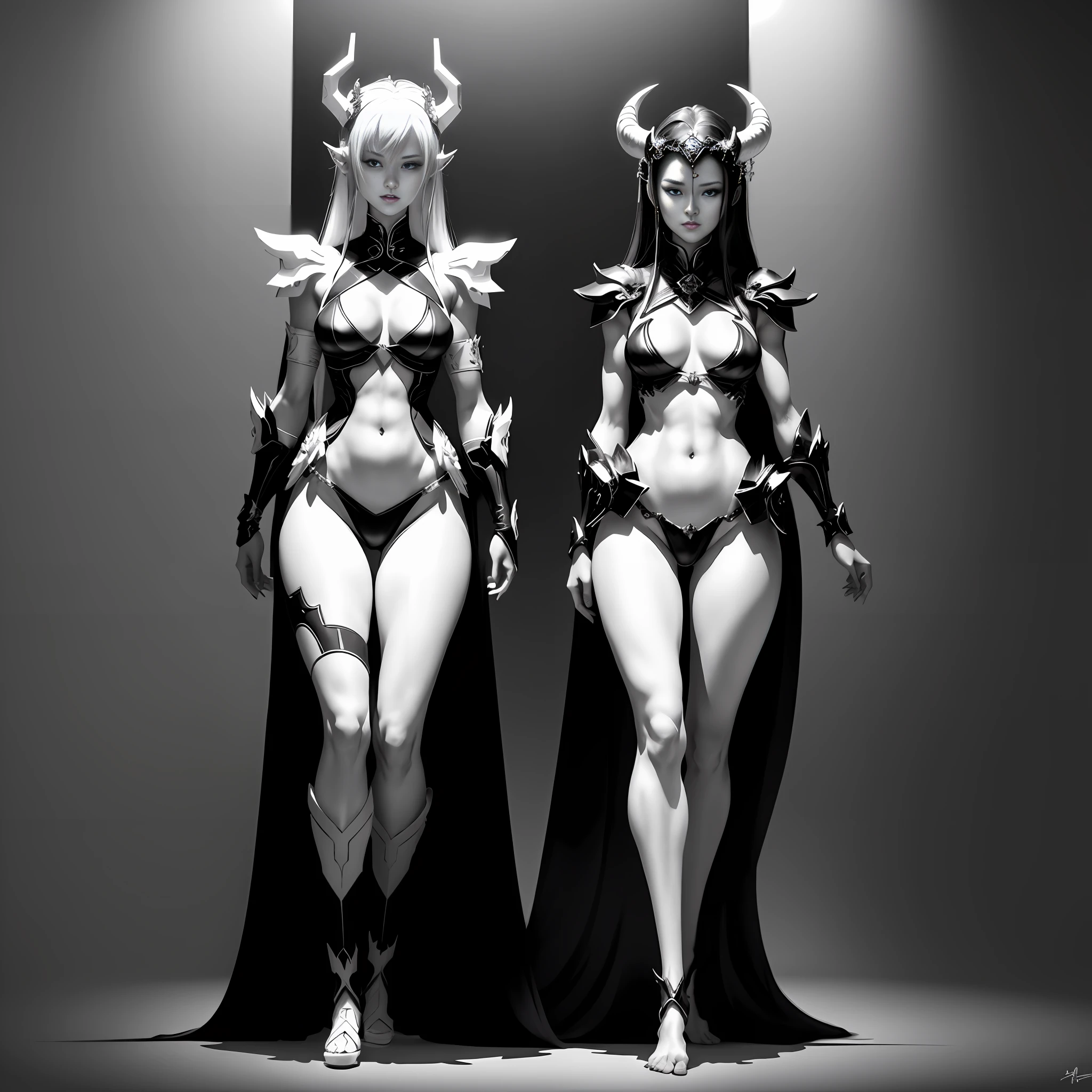 Masterpiece, 8k wallpaper, great black and white anime artwork master, black and white art, pen line art, sexy tribal mature woman wearing white sexy armor on magnificent wilderness world land, horns on head, full body size, very small white bikini, mature body, slender body and legs, perfect figure, exquisite facial details, beautiful character painting, exquisite fan art, high detail, full body standing, full body fairy, G. Larion's art style, inspired by Lan Ying, inspired by Yang J, she goes to the audience, inspired by Du Qiong, inspired by Qu Leilei, inspired by Wu Zhun Shifan, the ultimate of dark art, perfect model height, intense expression, soft professional cinema lighting, light and shadow following, perfect contour light