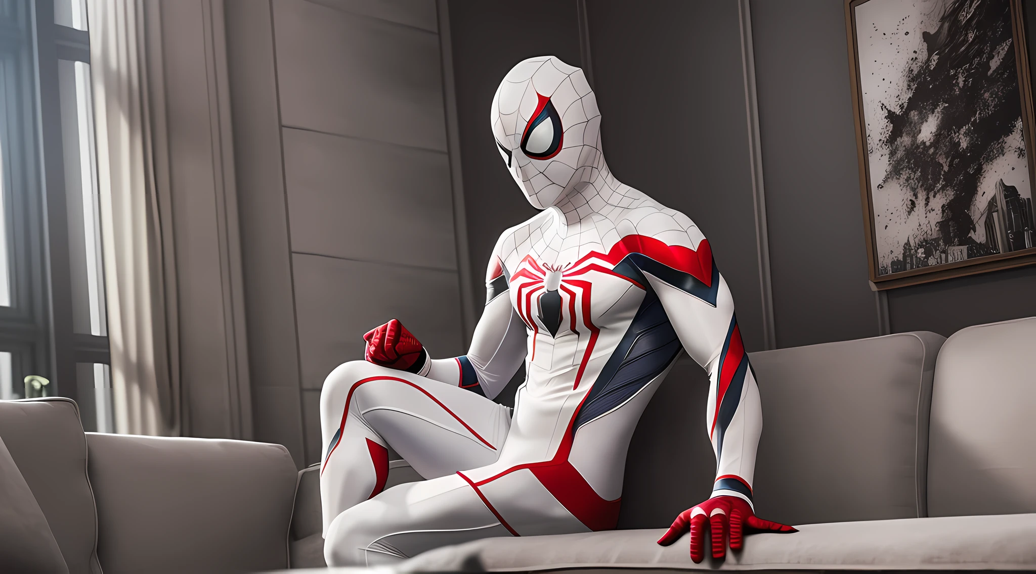 (Extreme Detail CG Unity 8K wallpaper, masterpiece, highest quality), (exquisite lighting and shadow, highly dramatic picture, Cinematic lens effect), a girl in a white Spider-Man costume, silver-gray hair color, from the Spider-Man parallel universe, Wenger, Marvel, Spider-Man, sitting on the sofa, dynamic pose), (excellent detail, outstanding lighting, wide angle), (excellent rendering, enough to stand out in its class), the focus is on white Spider-Man costumes, ripped costumes, Complex spider texture, suitable posture