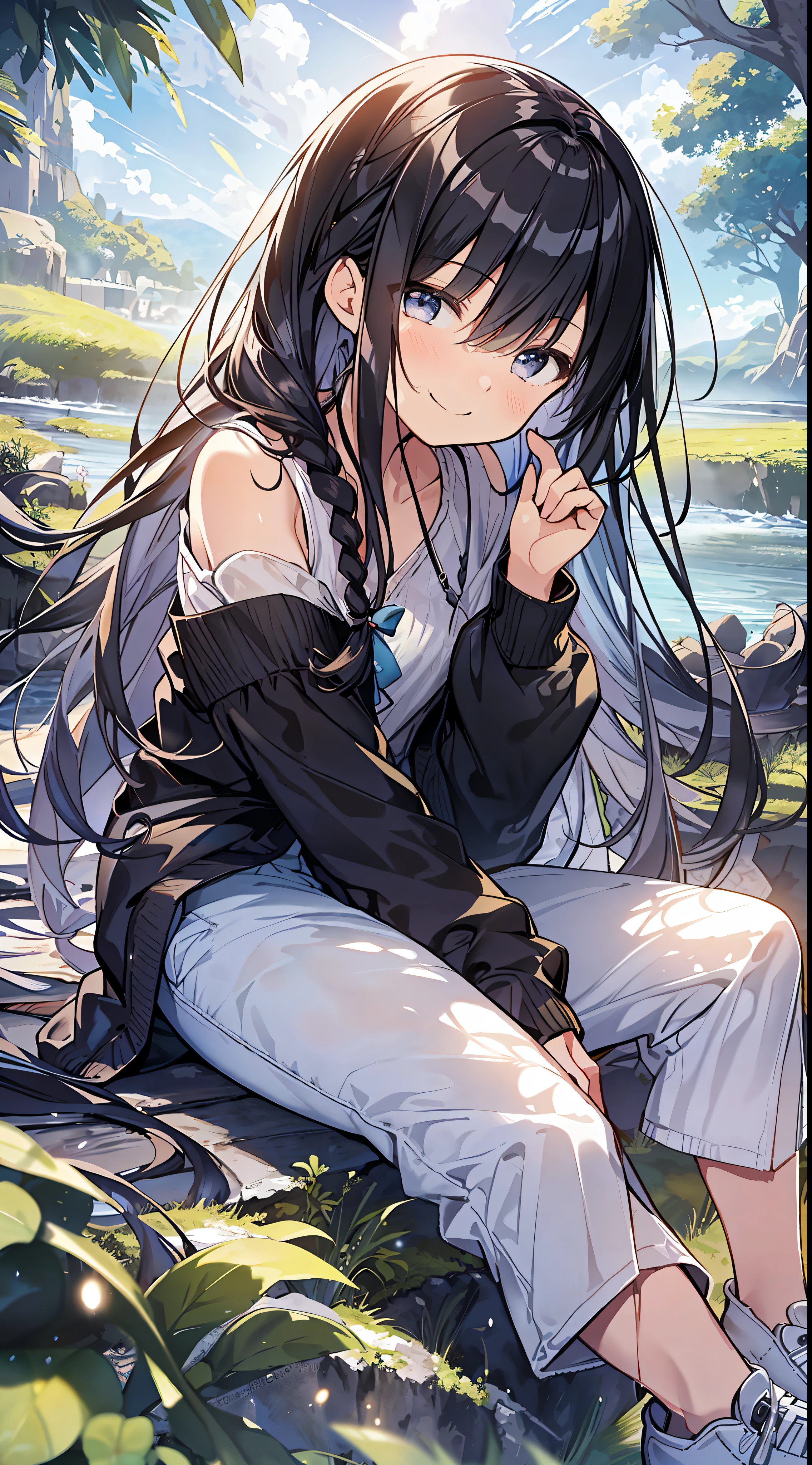Top Quality, Masterpiece, Ultra High Definition, 8K, Summer Sky, Early Summer, (Pants, Sheer Cardigan, Sneakers), Shojo Manga Style , One, Soft Line Art, Digital Enhancement, Shoujo Manga Touch, Shojo Manga Core, Flowing Fabric, Close Up, (Shoulder Length and Short Braid)), Wet Hair, Soft Drawing, Beautiful Black Hair, Clear Eyes, ((Teasing smile)) , Ultra-detailed digital anime art, clear face depiction, ultra-detailed shoujo manga character art, clear facial features, ultra-detailed manga style, top quality colors, hand gestures, landscape with nature, looking up at the sky, angle to see up to your feet, sit