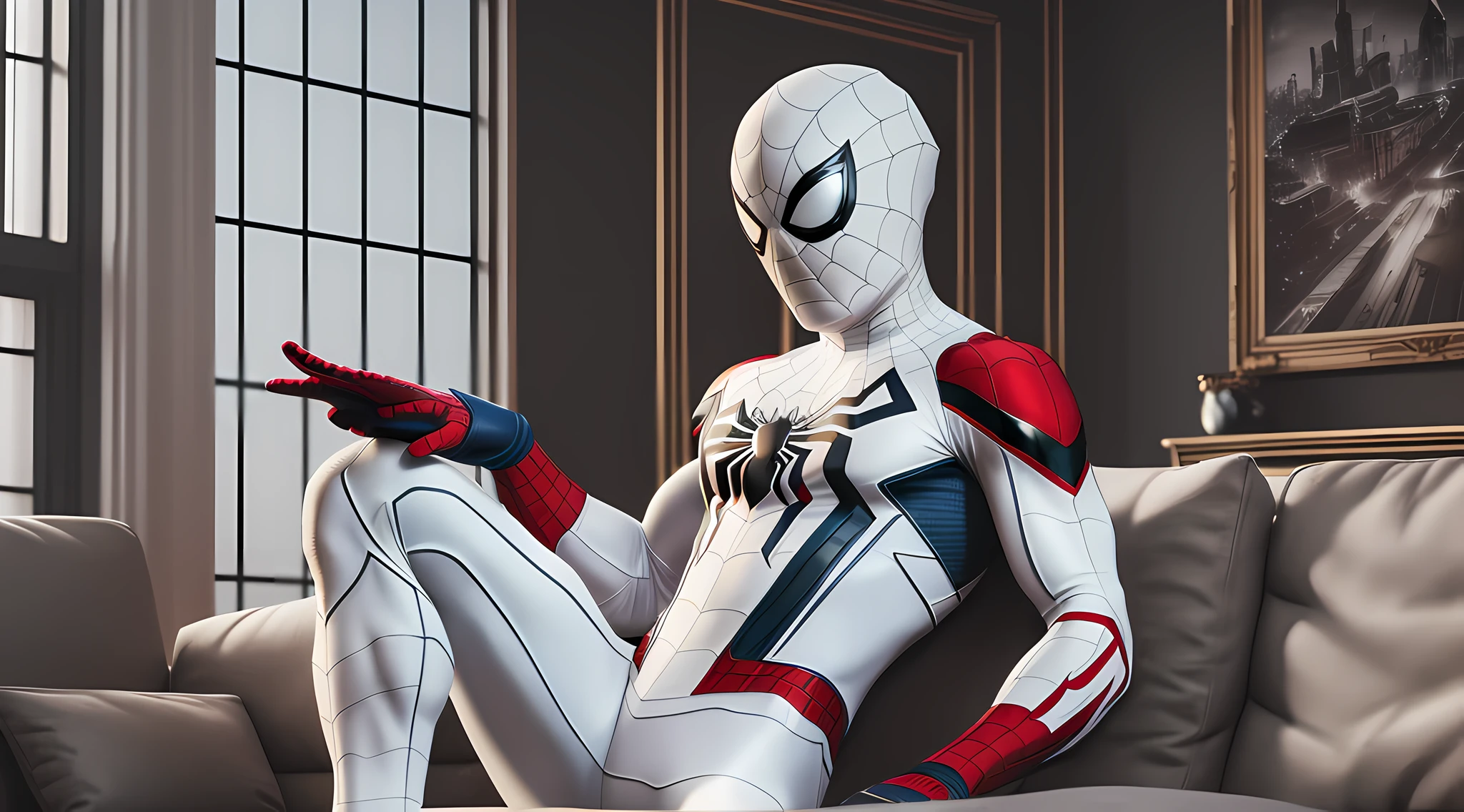 (Extreme Detail CG Unity 8K wallpaper, masterpiece, highest quality), (exquisite lighting and shadow, highly dramatic picture, Cinematic lens effect), a girl in a white Spider-Man costume, silver-gray hair color, from the Spider-Man parallel universe, Wenger, Marvel, Spider-Man, sitting on the sofa, dynamic pose), (excellent detail, outstanding lighting, wide angle), (excellent rendering, enough to stand out in its class), the focus is on white Spider-Man costumes, ripped costumes, Complex spider texture, suitable posture