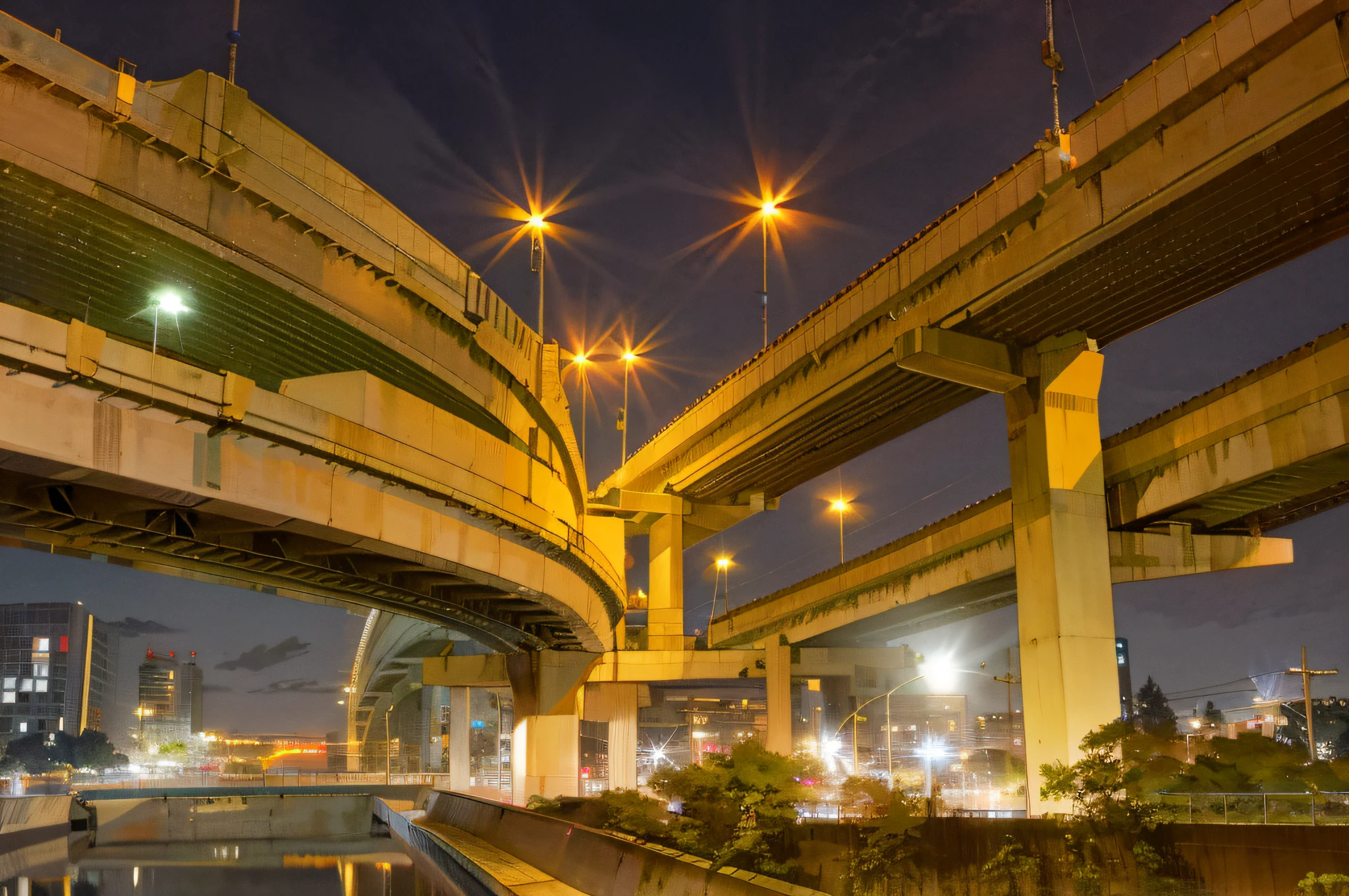 arafed overpasss over a waterway at night with lights on, overpass, infrastructure, under bridge, skybridges, complex!!, bridges, taken with sigma 2 0 mm f 1. 4, night tokyo metropoly, night view, 2 4 mm iso 8 0 0, lit from below, in tokyo at night, photo taken with sony a7r