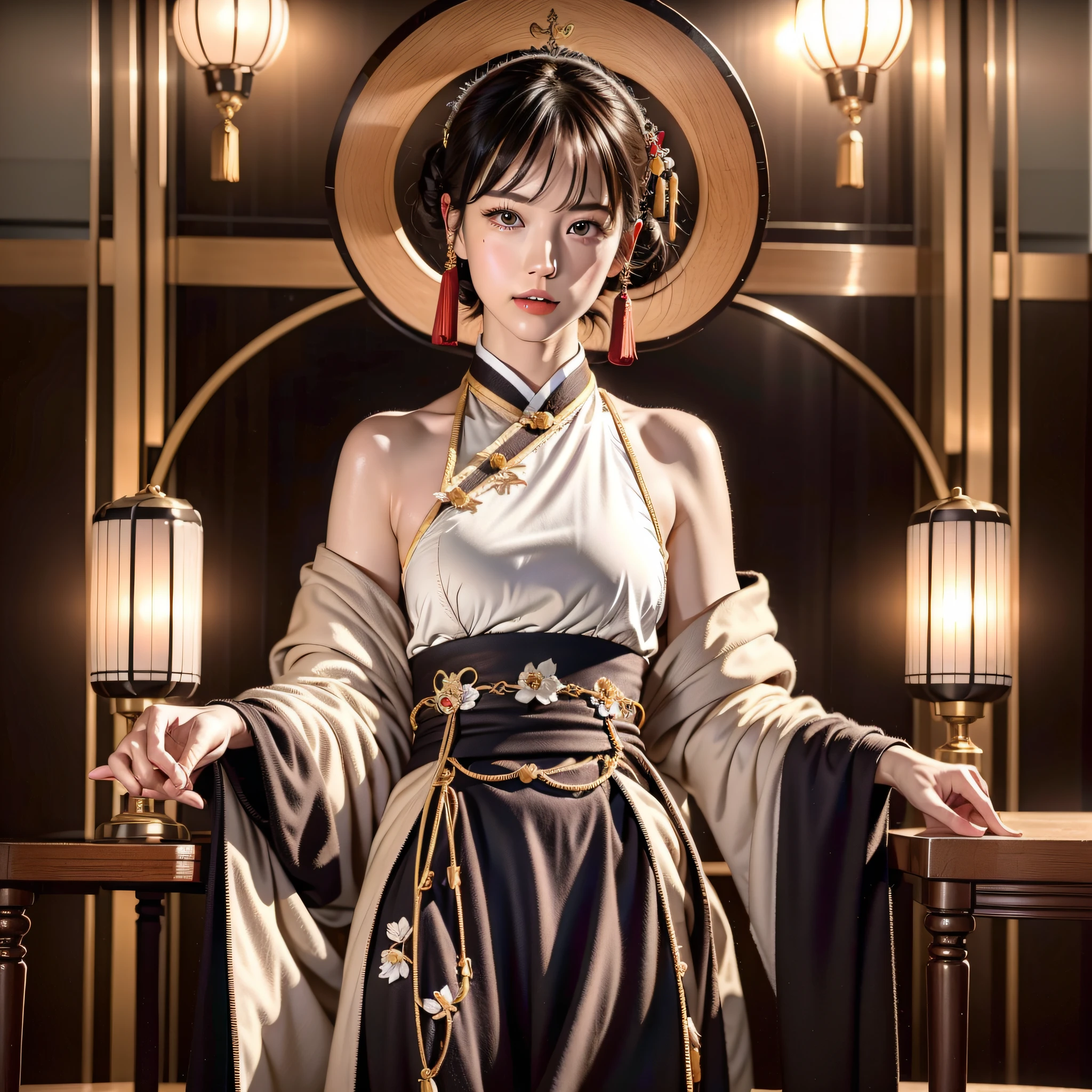 A Chinese girl 18 years old Beautiful eyes, real skin, delicate face, full body picture, hanfu, clothing details, skin details, slim body, delicate and delicate, short hair, black hair, blunt bangs ,beauty, best quality, super detailed, masterpiece, fine detail, high resolution, 8k wallpaper, realistic details, skin details, super detailed, high resolution, extremely detailed, cinematic lighting texture, beautiful, perfect, hd