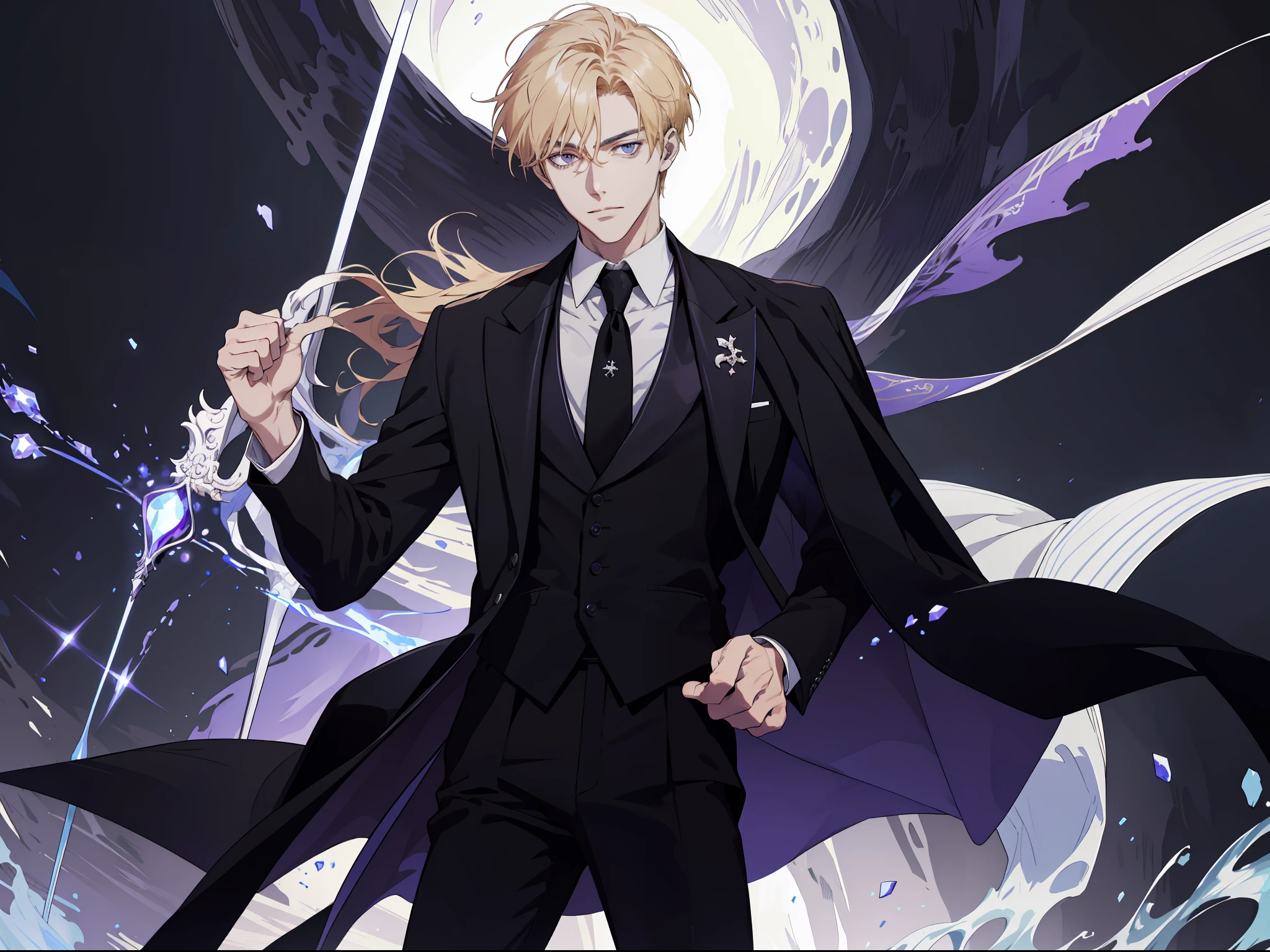 (ridiculous, high resolution, super detailed), 1 male, teenager, handsome, delicate eyes and delicate face, medieval attire, off-white casual clothes, black tie, black pants, clenched fists, holland point, sideways, looking ahead, wavy blonde hair, purple streamer, a pitch-black Grim Reaper behind his back, magic