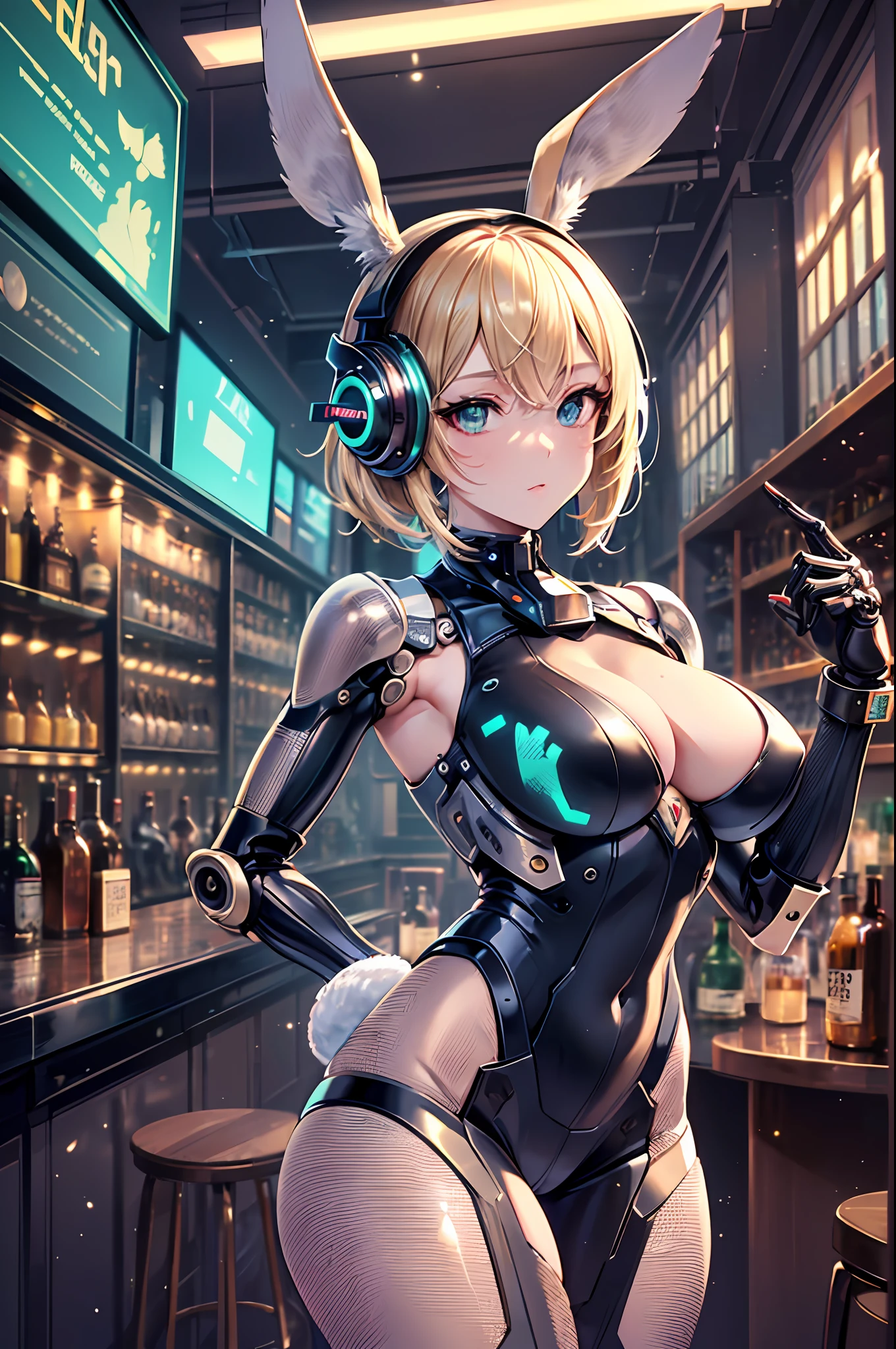 Top quality, masterpiece, fine detail, super detailed, accurate depiction, highly detailed 8k wallpaper, beautiful mechanical girl, solo, green eyes, (sexy mechanical girl: 1.3), five perfect fingers, (white exoskeleton suit: 1.1), pigeon toed, (mechanical joints, mechanical arms, mechanical legs: 1.4), (exposed shoulders, exposed armpits, exposed thighs), glamor, (thin waist, huge breasts, wide hips), rabbit ears, rabbit tail, headphone, short blonde hair, cyberpunk, (bar), counter, wine, whiskey, bourbon,