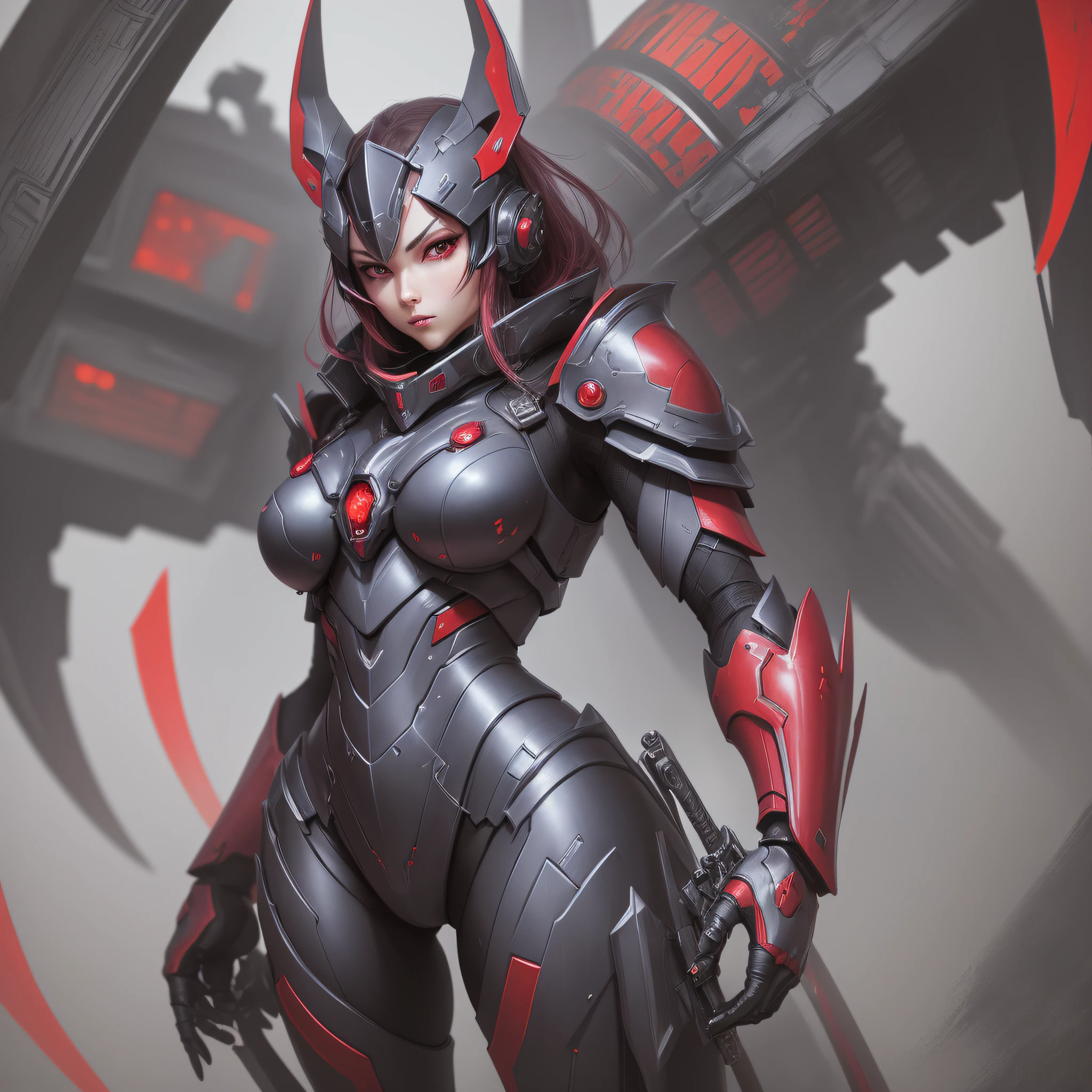 Crimson paint, villain, close-up of person in costume with sword, cyber japan style armor, cyber japan armor, guyver style, girl in armor, monster hunter armor, full body mecha suit, perfect anime cyborg woman, cyborg noble woman, mecha cyber armor girl, detailed full body concept, female armor, anime character. Full Body Art --auto --s2