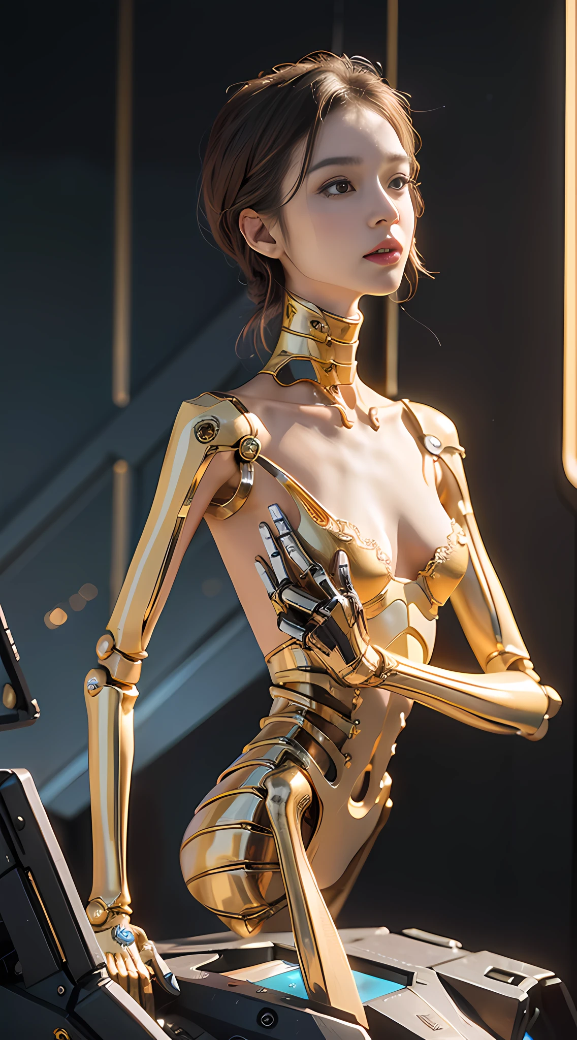 Best quality, delicate face, girly, slim body, mechanical body, golden body, glass textured body, robot skeleton, rich background, multi-elemental, there are huge alien spaceships floating in the air, cyberpunk, sci-fi, full body, suitable pose