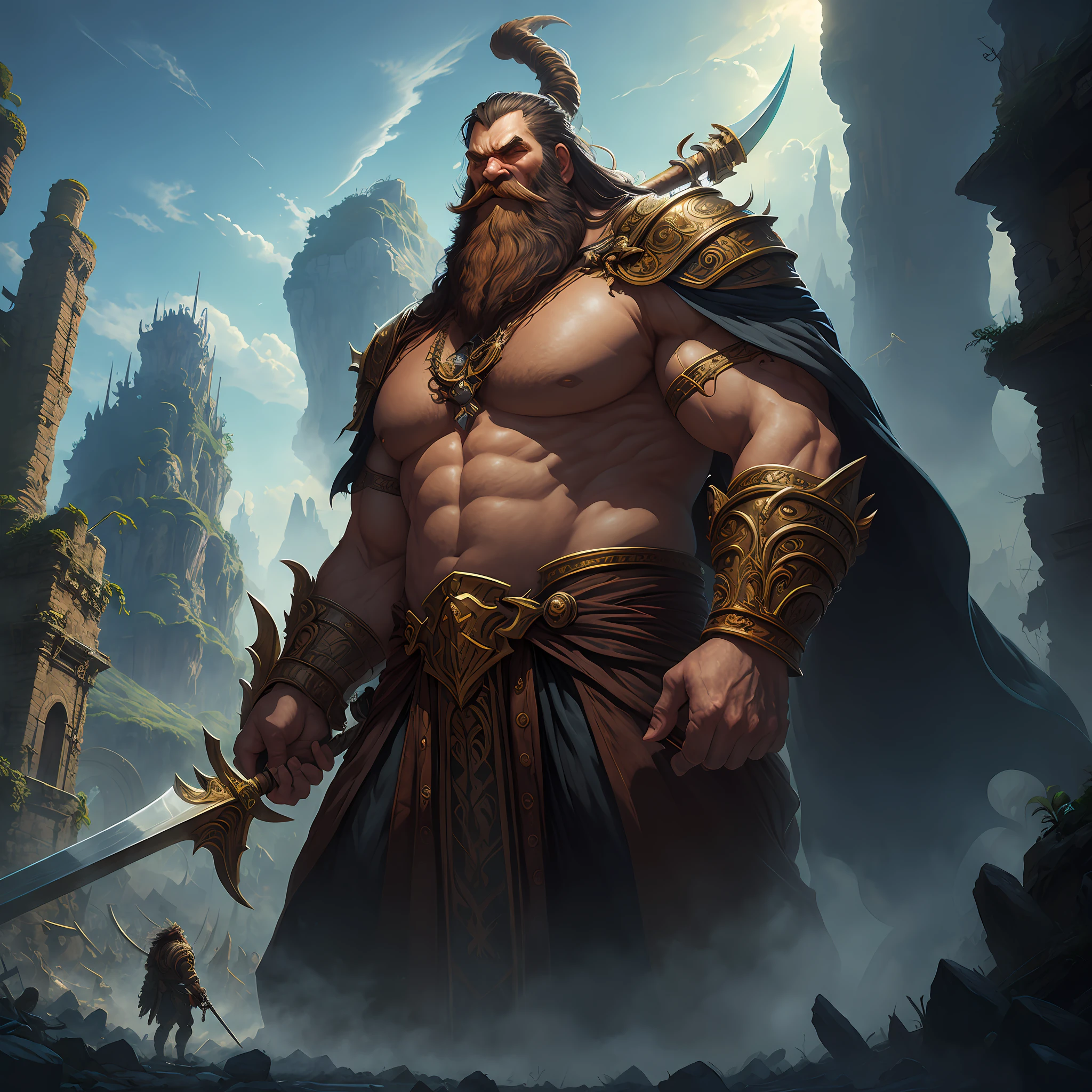 Craft, concept art, character design, giant, humongous, towering, Giant of Chaos, Titan Cronus, a God, with a giant Sickle, long beard, towering over man, small village, destruction, masterpiece, ultra detail, full completed design. detailed layering, intricate detailed, dynamic lighting, high detail, naturistic, amazing quality, WLOP, artgerm