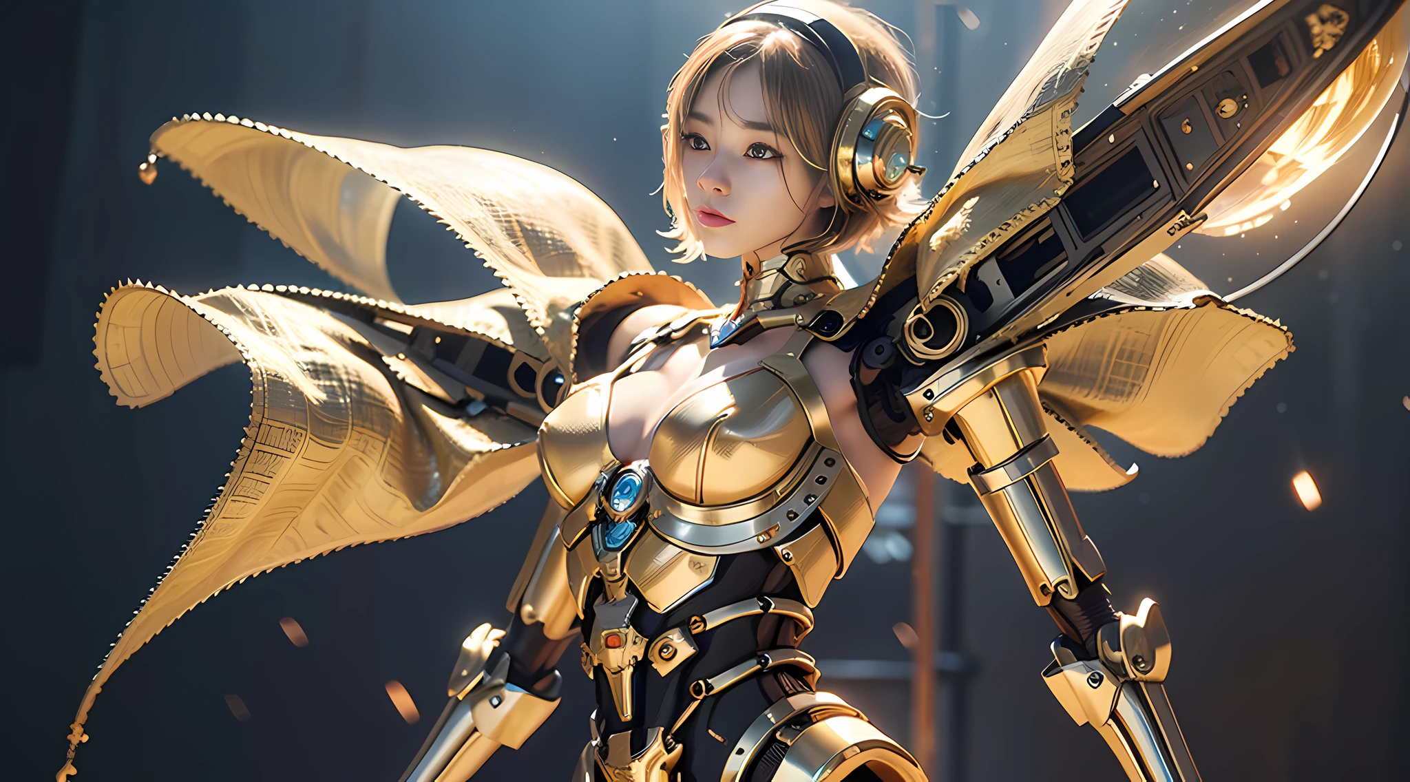 Best quality, delicate face, girly, slim body, mechanical body, golden body, glass textured body, robot skeleton, rich background, multi-elemental, there are huge alien spaceships floating in the air, cyberpunk, sci-fi, full body, suitable pose