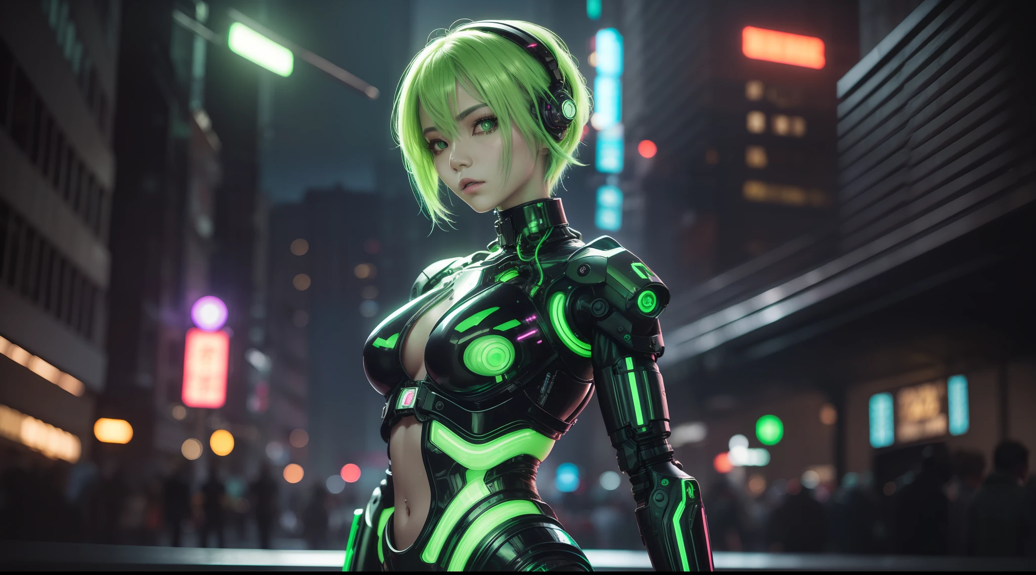 a girl with (light green hair) and (((neon shiny cybernetic implant left eye))) in futuristic cyberpunk clothes walking down the street, skinny leather pants, small breasts, medium butt, unbuttoned outerwear, perfect body, beautiful face, serious face, ((night town)), lighting in purple and red tones, realistic lighting, cinematic lighting, volumetric lighting, ((masterpiece)), best quality, intricate details, very detailed and realistic shadows, DOF, Female Focus, 50mm Lens, Shot on Leica M6, ((City Streets in the background)), NSFW, Korean Girl, ULZZANG-6500, Cyberpunk Environment