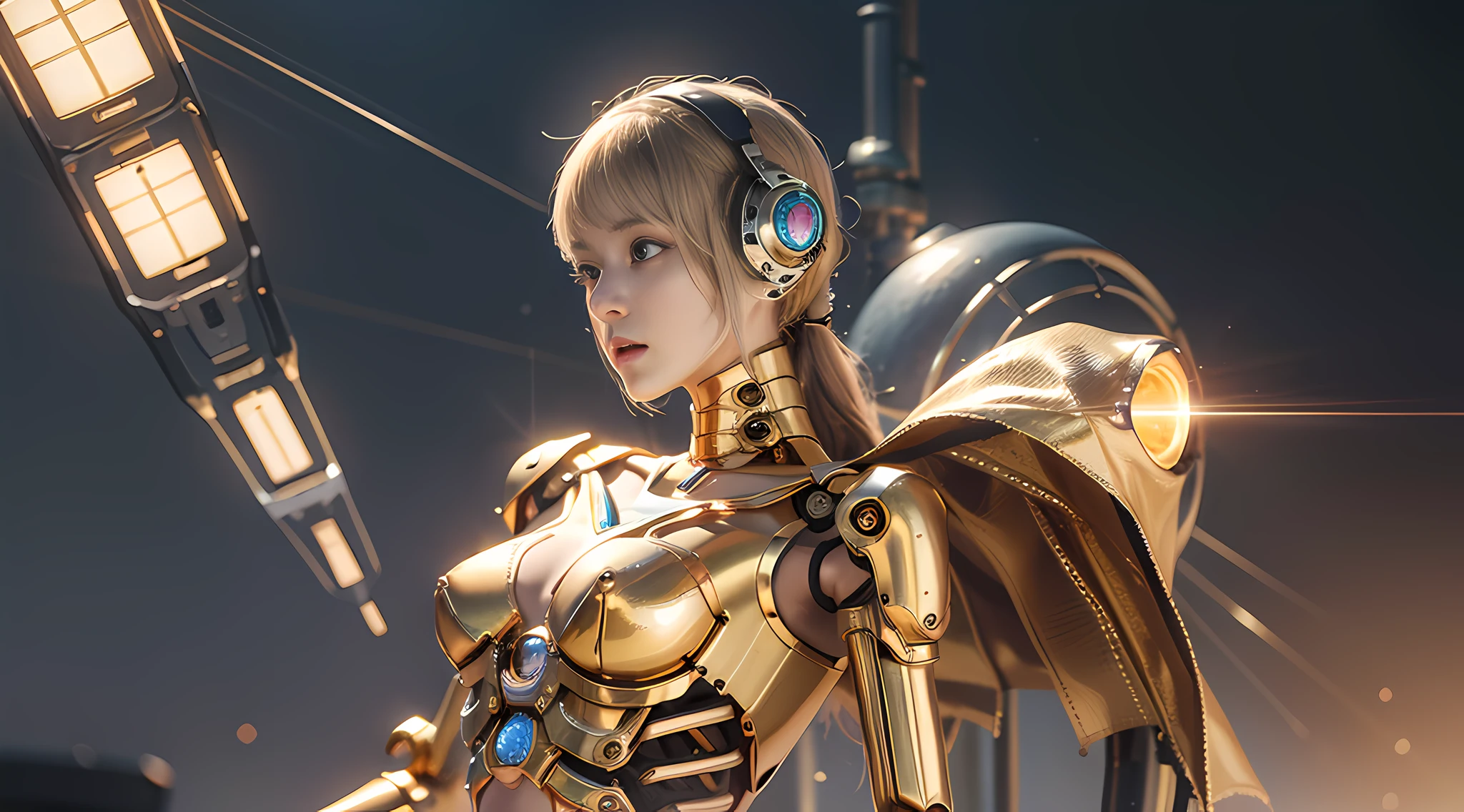 Best quality, delicate face, girly, slim body, mechanical body, golden body, glass textured body, robot skeleton, rich background, multi-elemental, there are huge alien spaceships floating in the air, cyberpunk, sci-fi, full body, suitable pose