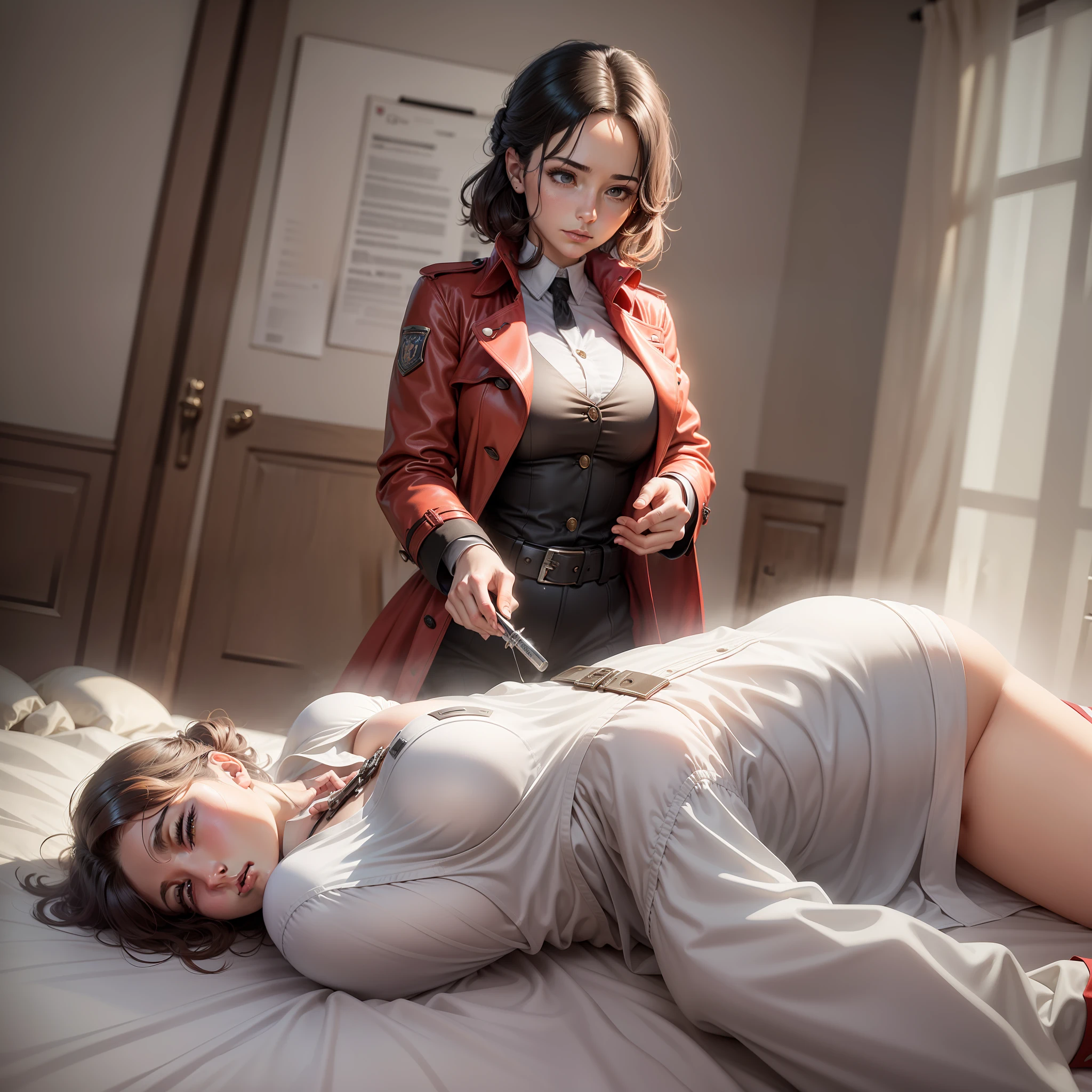 (Illustration: 1.8) (Best Quality) (Masterpiece: 1.5), Masterpiece, PNG, (extremely detailed CG unified 8k wallpaper), amazing detail. In this scene, a female detective is investigating a case at the scene. She was examining the body of a woman lying on a white cloth, possibly to look for clues or gather evidence. The female detective wears a red trench coat and looks mysterious and focused. The female detective's movements and expressions show her professionalism and experience. The woman on the white cloth lay on her stomach with a wound on her neck
