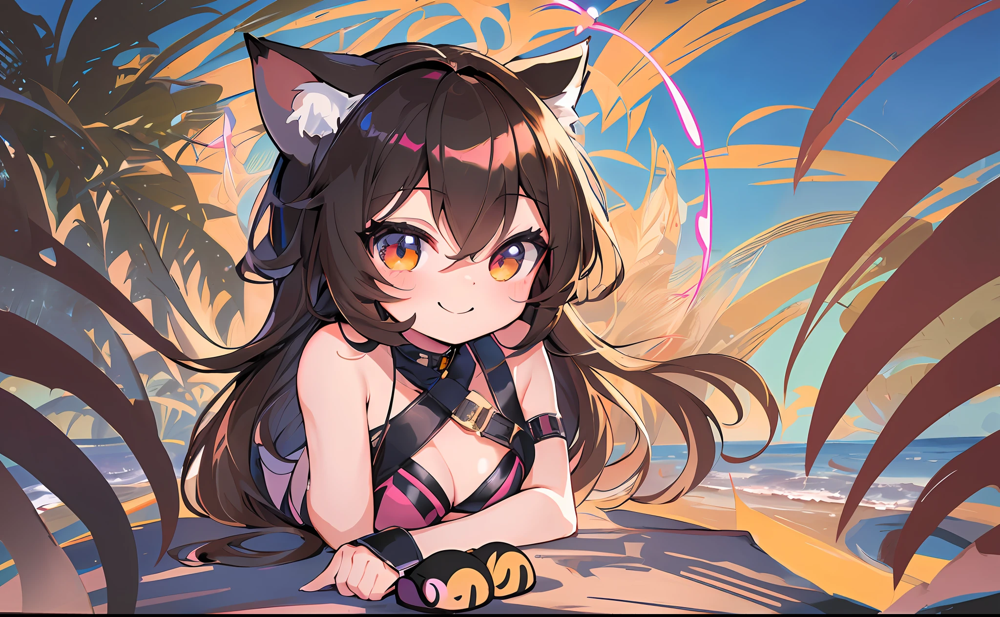 (Chibi Chibi: 1.3), Solo, Full Body, Glossy Black Bikini, Combat, Highly Detailed Face, (Smile: 1.3), Lively, (Gravure Pose: 1.4), Beautiful Detailed Eyes, Look Up, (Eye Match), Light Brown Long Hair, Cat Ears, Neon, Masterpiece, Top Quality, Highly Detailed 8k Wallpaper