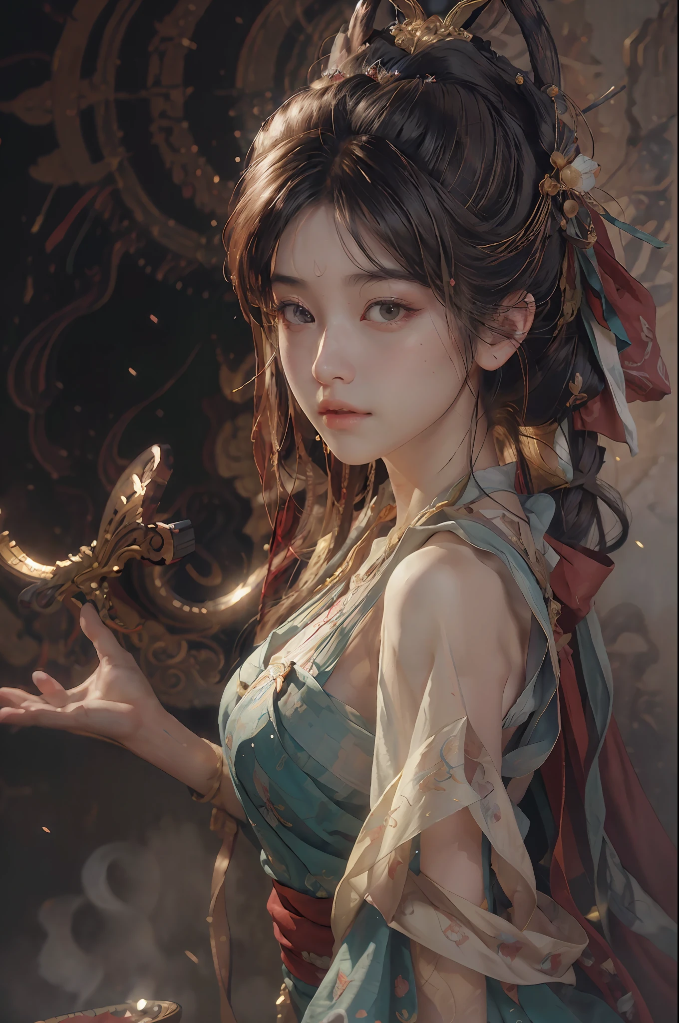 (RAW photo, best quality), (realistic, photo-realistic:1.3),best quality,highly detailed,masterpiece,ultra-detailed,illustration,1girl,upper_body,dynamic angle,world masterpiece theater,messy_long_hair,best quality,extremely detailed CG unity 8k wallpaper,ink,Amazing,cinematic lighting,lens_flare, dunhuang_style