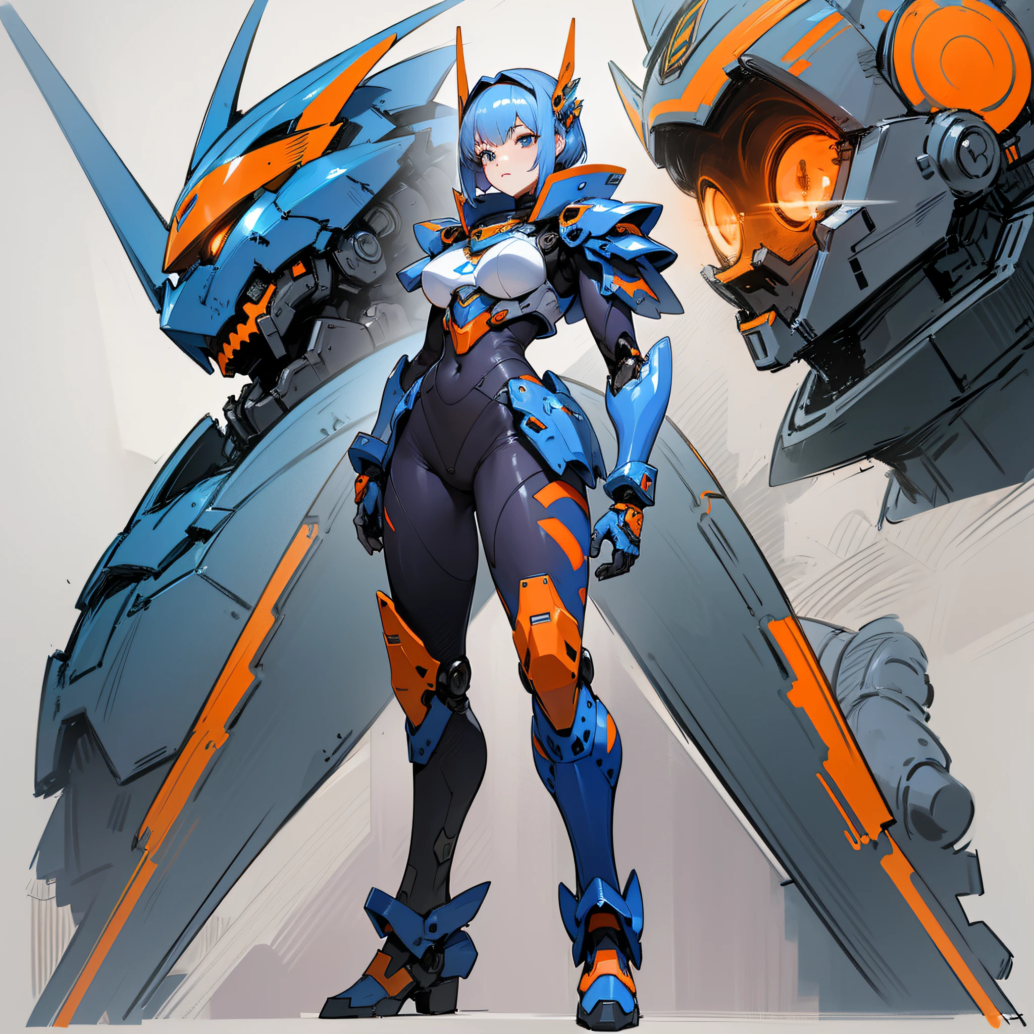 Orange and blue paint, close-up portrait of a person in costume with a sword, cyber japan style armor, cyber japan armor, guyver style, girl in armor, monster hunter armor, full body mecha suit, perfect anime cyborg woman, cyborg noble woman, mecha cyber armor girl, detailed full body concept, female armor, anime character. Full Body Art --auto --s2
