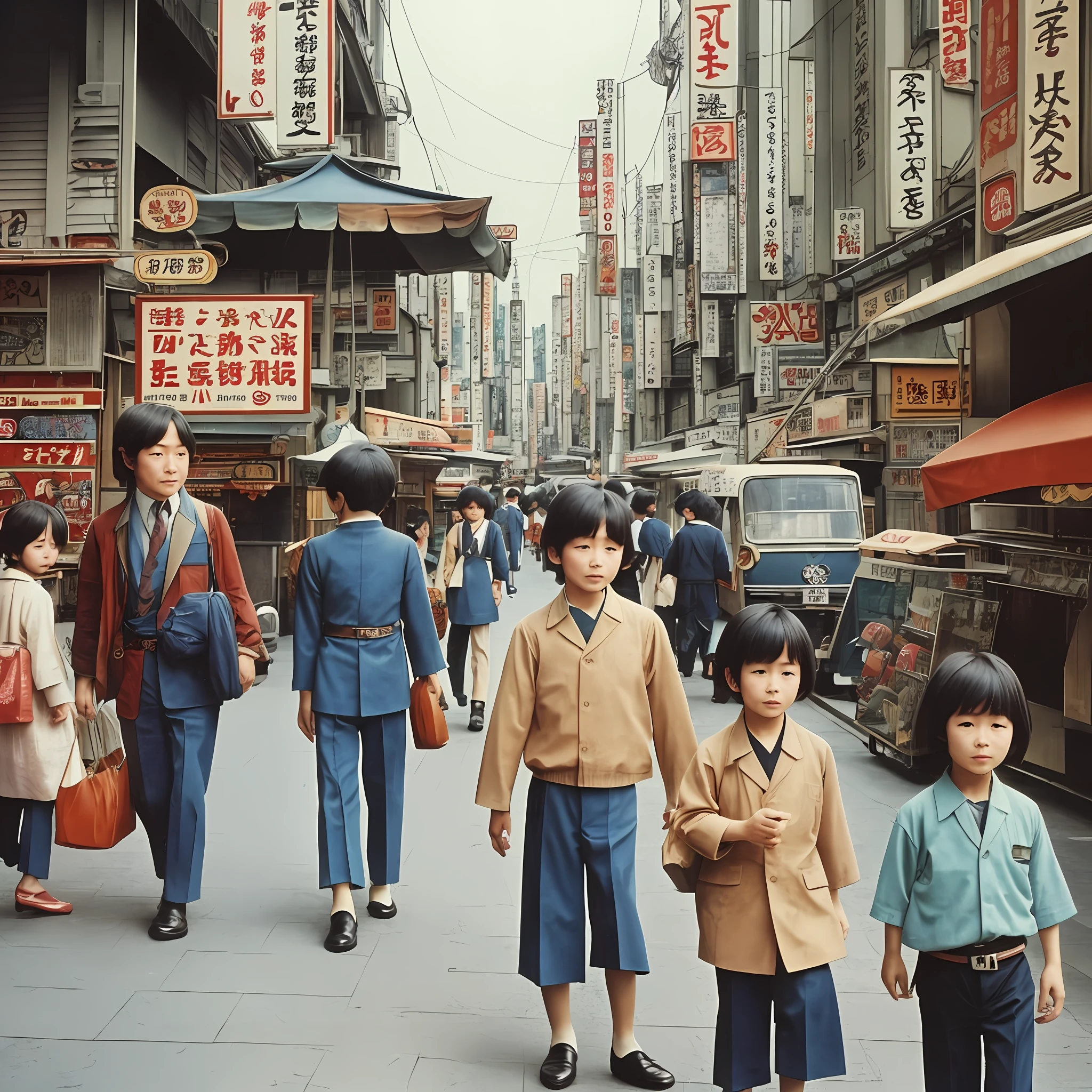 Photos of Tokyo in the 1970s, people in the 1970s, nostalgic, vintage, old faded color photos, realistic photos, high quality, with children, cloudy, dirt, rust, ultra-realistic expressions, --auto --s2