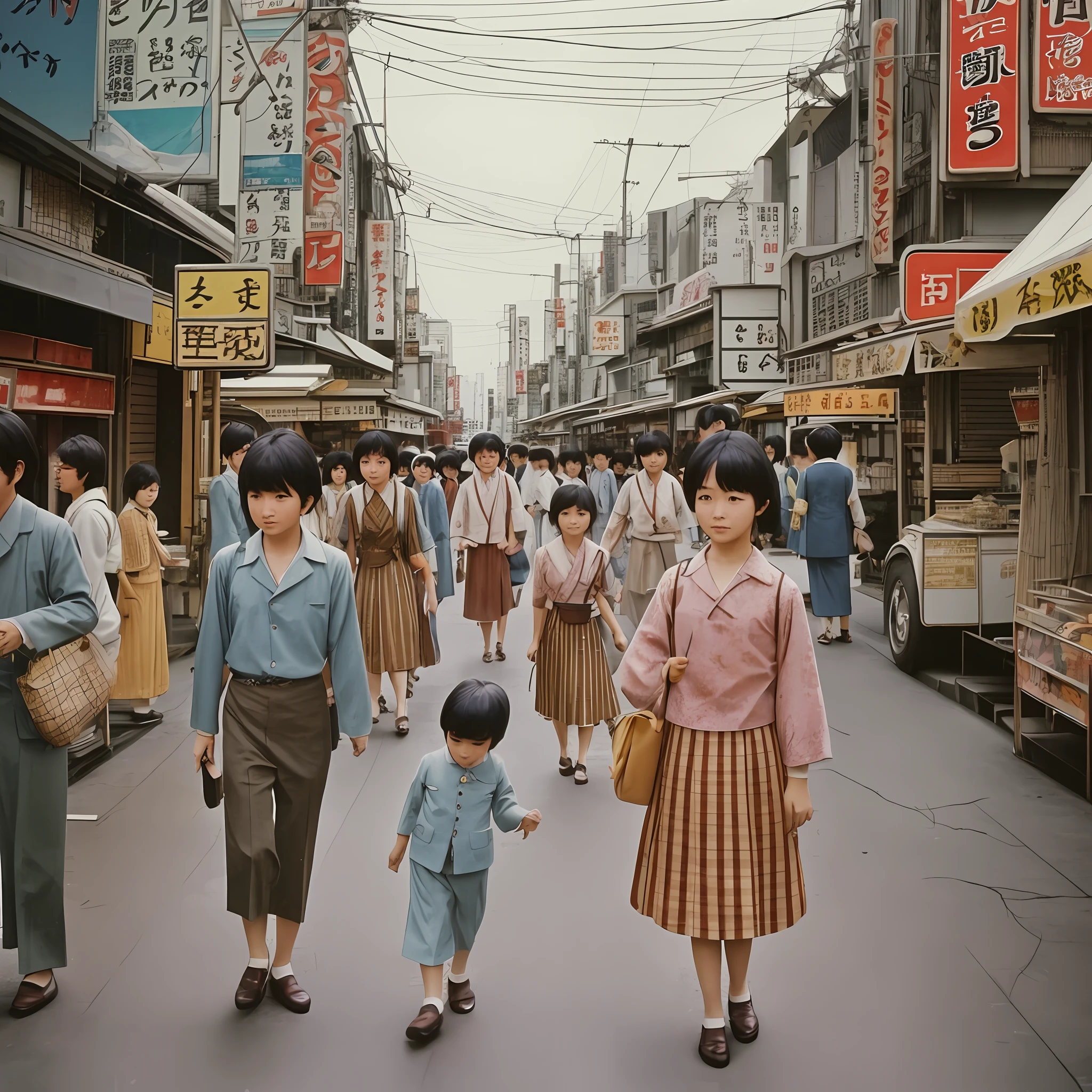 Photos of Tokyo in the 1970s, people in the 1970s, nostalgic, vintage, old faded color photos, realistic photos, high quality, with children, cloudy, dirt, rust, ultra-realistic expressions, --auto --s2