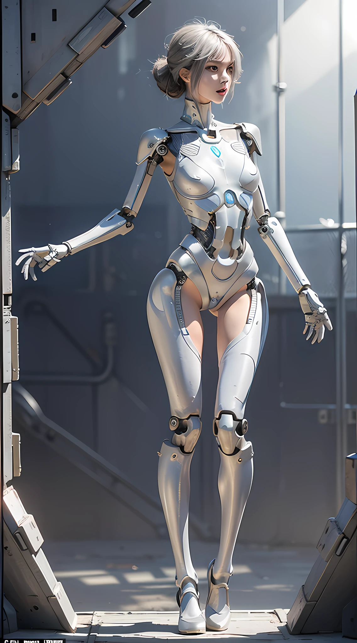 Best quality, delicate face, girly, slim body, semi-mechanical body, perfect figure, silver body, glass textured body, robot skeleton, rich background, multi-elemental, there are huge alien spaceships floating in the air, cyberpunk, sci-fi, full body, suitable pose
