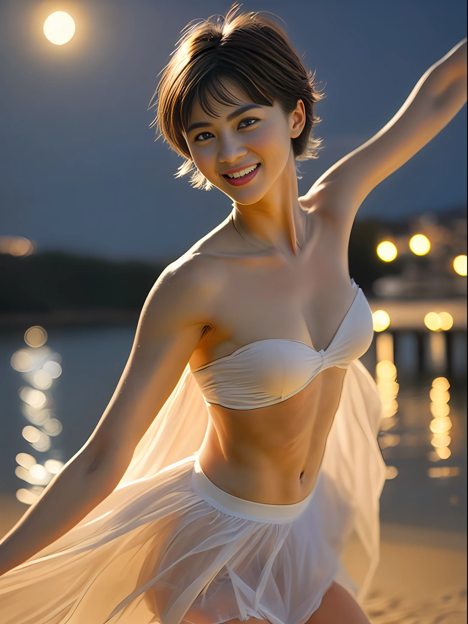 night, lakeside, moonlight, beautifully dancing ballerina, 19 years old, Japan person, full body figure, ballet pose, smiling, laughing, shouting,
 big moisturized beautiful brown eyes, pixie cut, short black hair, flushed cheeks,
staring at the viewer, tall, small face, long limbs, broad shoulders, beautiful muscles, strong abs, armpit hair, protruding pubic hair,
half-open lips, happy, gentle, clever, serious, naked, bare skin, topless, white ultra-miniskirt, very much skin exposed,
smile, white teeth, (detailed eyes, bright pupils), shiny sweaty skin, strapless, rich beautiful breasts, exposed breasts, exposed areolas, sheer areolas, exposed beautiful legs, exposed buttocks, incomparable masterpiece, ultra-realistic 8k CG, clean and beautiful face, no makeup, shiny skin,
nsfw