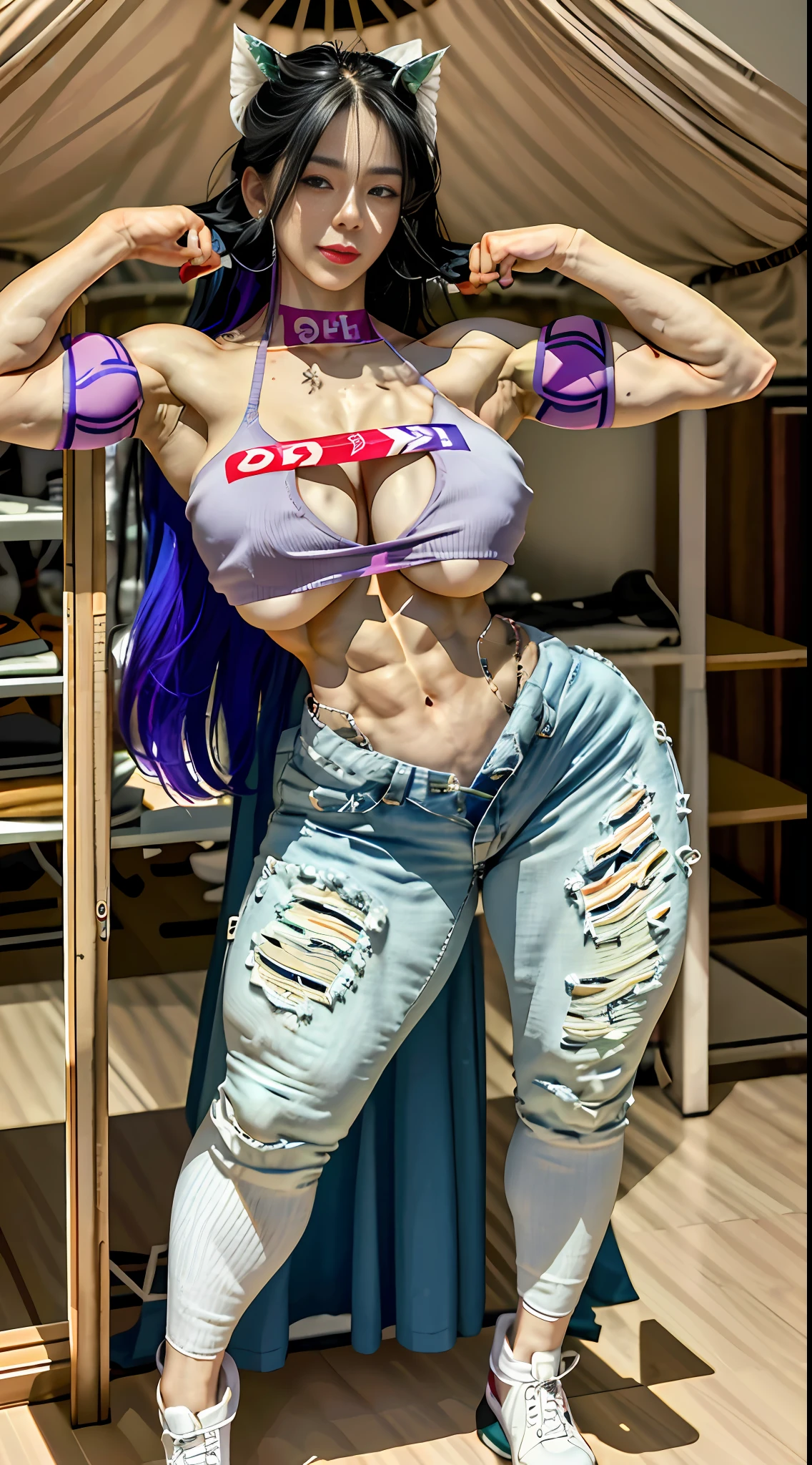 Delicate face, hairstyle: extra-long curly hair, hair color: gradient white, red, yellow, green, blue, purple, hair length: 400cm. Height: 200cm, weight: 400 pounds, huge exaggerated chest, especially huge exaggerated wide buttocks, full body strong muscles, large abs, huge exaggerated thick leg muscles, exaggerated waist ratio, clothes do not hold back, full body shot, mechanical high heels, HD 8K, CG, overhead lens, full body lens including shoes bare shoulders, , breasts, breasts squeezed together, torn pants, parted lips, solo, V arms, (shiny skin), (Masterpiece: 1.4), (Best Quality: 1.4) ,,, Facigirl, Red Lips, Perfect Abs, Navel, (: 1.5), (Clear Areola), , Huge, Sweat, Full Body from Head to Toe, Natural Background, Full Body Shot