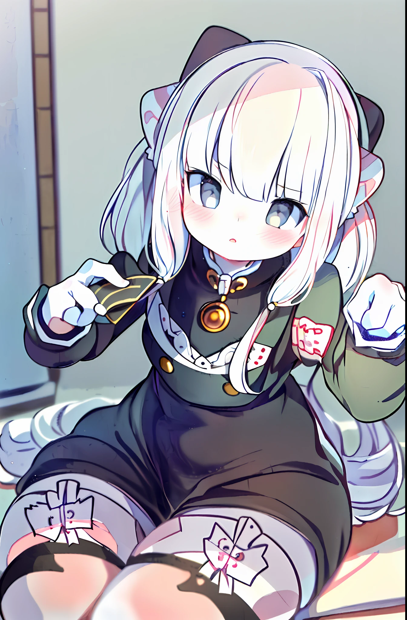 ((masterpiece, best quality, ultra-detailed)), (1girl:1.2), cute_face, blunt bangs, grey eyes, hair strand, long hair, white hair, in japan style bedroom, looking at viewer, from front, close up, portrait, focus, leaning forward, from below,  kamisato_ayaka,furry, thick_thighs