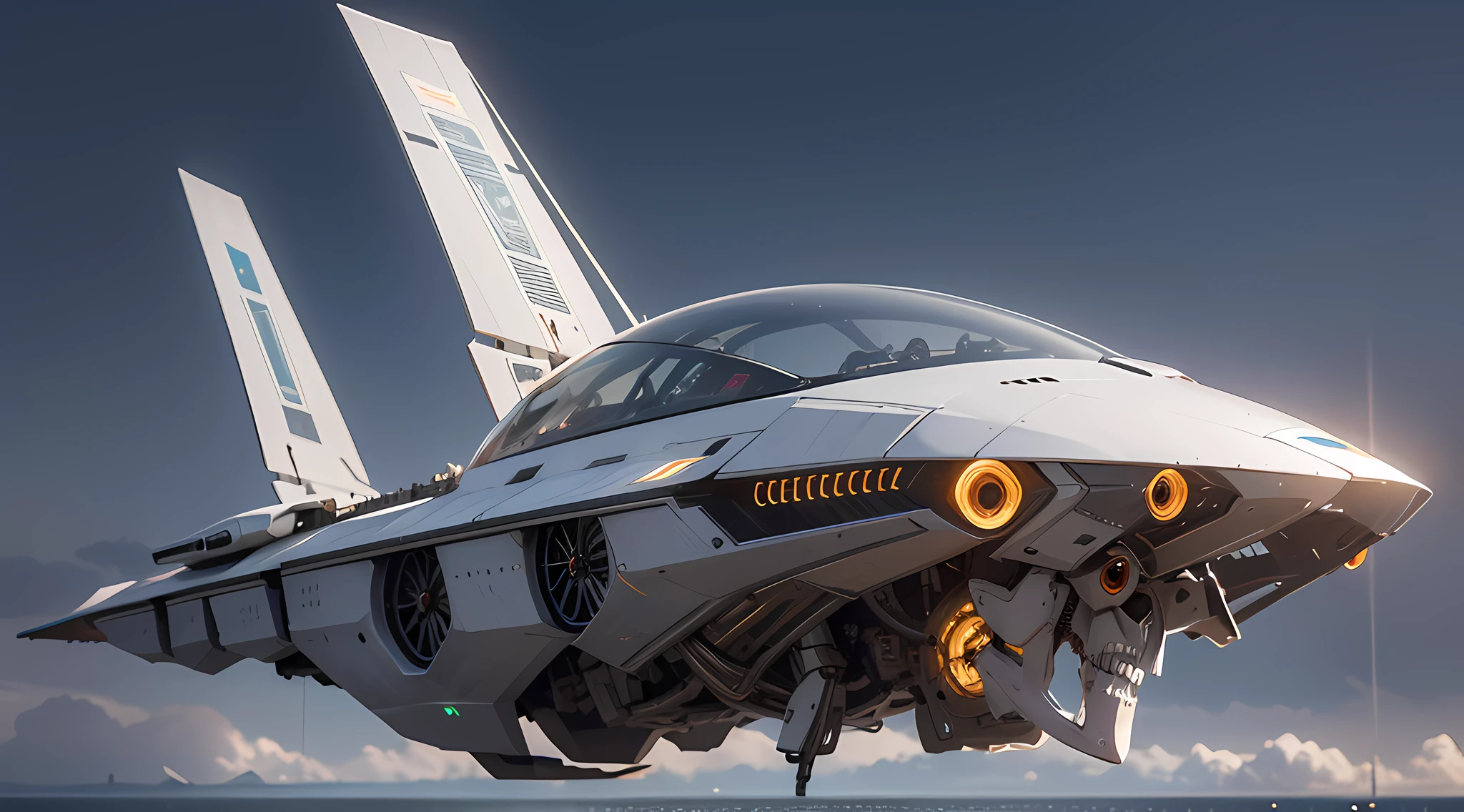 Best quality, delicate face, girly, slim body, semi-mechanical body, perfect figure, silver body, glass textured body, robot skeleton, rich background, multi-elemental, there are huge alien spaceships floating in the air, cyberpunk, sci-fi, full body, suitable pose
