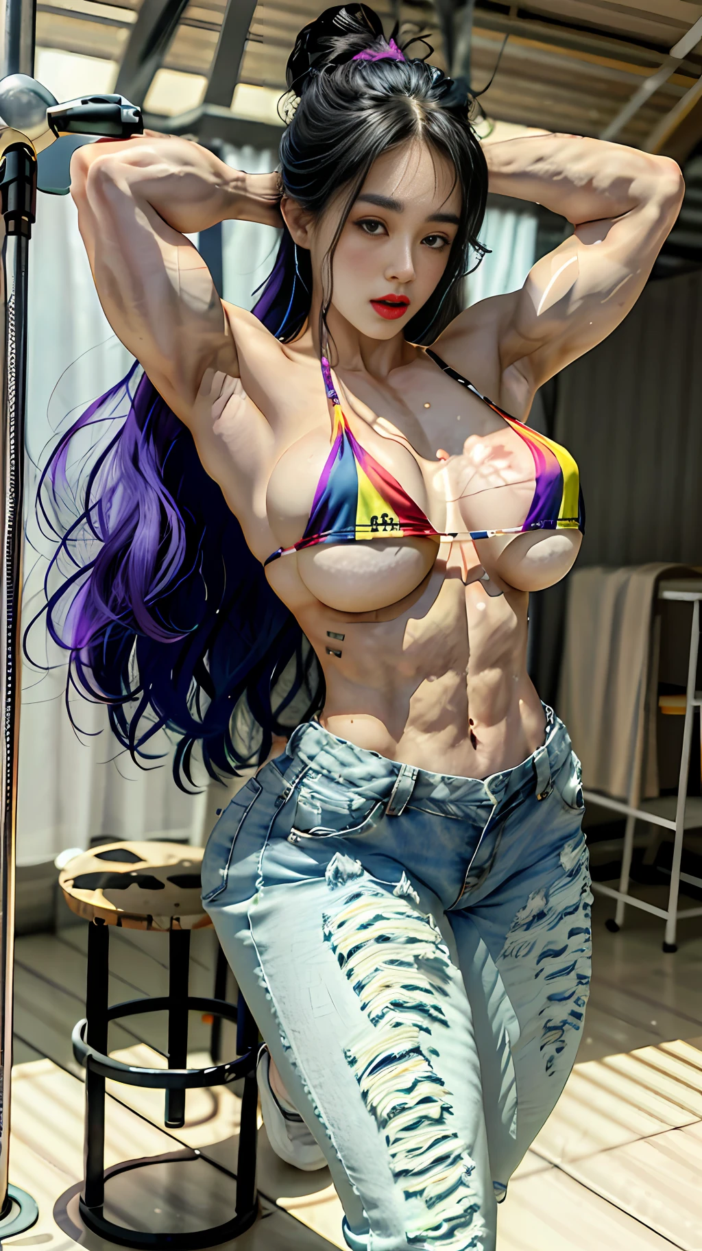 Delicate face, hairstyle: long curly hair, hair color: gradient white, red, yellow, green, blue, purple, hair length: 400cm. Height: 200cm, weight: 400 pounds, huge exaggerated chest, especially huge exaggerated wide buttocks, full body strong muscles, large abs, huge exaggerated thick leg muscles, exaggerated waist ratio, clothes do not hold back, full body shot, mechanical high heels, HD 8K, CG, overhead lens, full body lens including shoes bare shoulders, , breasts, breasts squeezed together, torn pants, parted lips, solo, V arms, (shiny skin), (Masterpiece: 1.4), (Best Quality: 1.4), ,,, Facigirl, Red Lips, Perfect Abs, Navel, (: 1.5), (Clear Areola), , Huge, Sweat, Full Body from Head to Toe, Natural Background