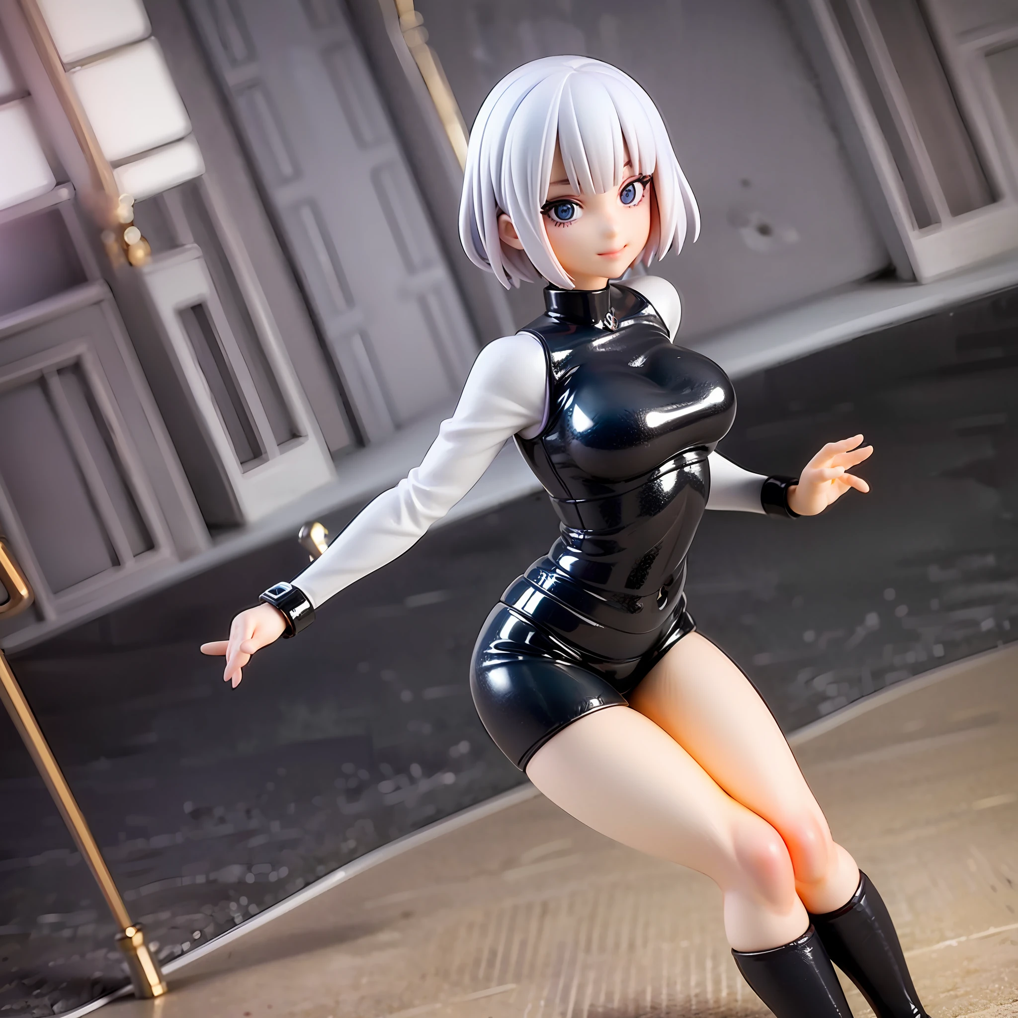 white hair, short cut,1girl,short pants, sneakers, beautiful eye, full body, dancing, looking away, black suit,[realistic], [3d], smile, closed mouth,(8k, RAW photo, best quality, masterpiece:1.2), ultra high res, photo realistic, professional lighting, detailed lighting, professional photography, high quality, high res, extremely detailed, bloom, depth of field, sketch, sharp focus, soft lighting, detailed, detailed skin, to8contrast style