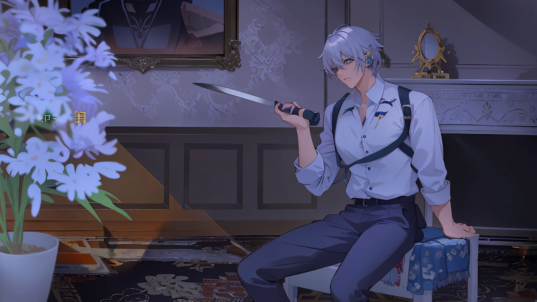 anime image of a man with a knife and a knife in his hand, bloody scene, gapmoe yandere, gapmoe yandere grimdark, yandere, cutscene, 2d art, 2 d art, yandere intricate, 2 d anime, murder scene, cut-scene, video game screenshot>, pc screenshot, bloody + concept art