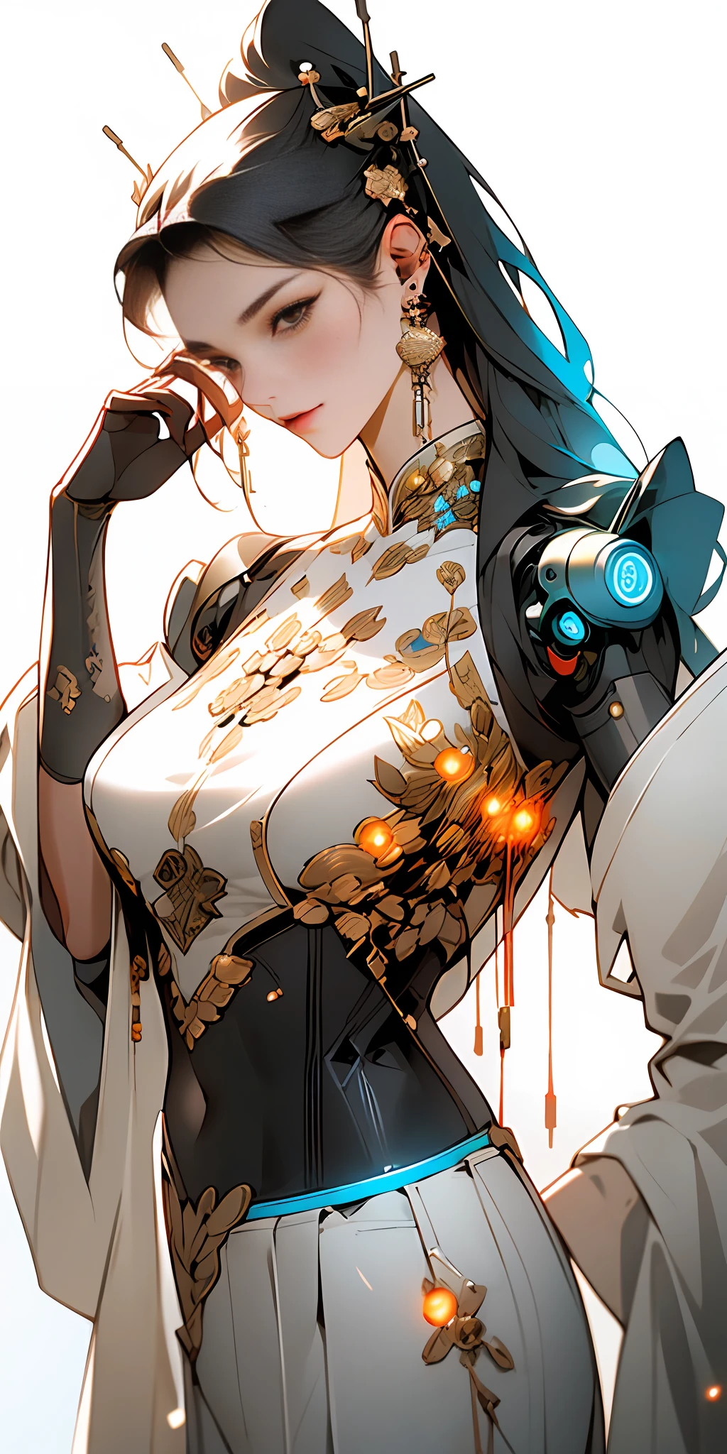 1 girl solo, close-up, (bright eyes), (ancient Chinese clothes, embroidered pleated skirt, embroidered collar uesugi, large sleeves, streamers), (hairpins), (hanfu), clear facial features, ((cyberpunk style, robotic arm, holographic aura, surreal science fiction art, futuristic science fiction aesthetics)), (8k, raw photos, best quality, masterpieces: 1.2), (realistic, photo realistic: 1.4), (very detailed CG Unity 8k wallpaper), full body, (Neon: 1.4)
