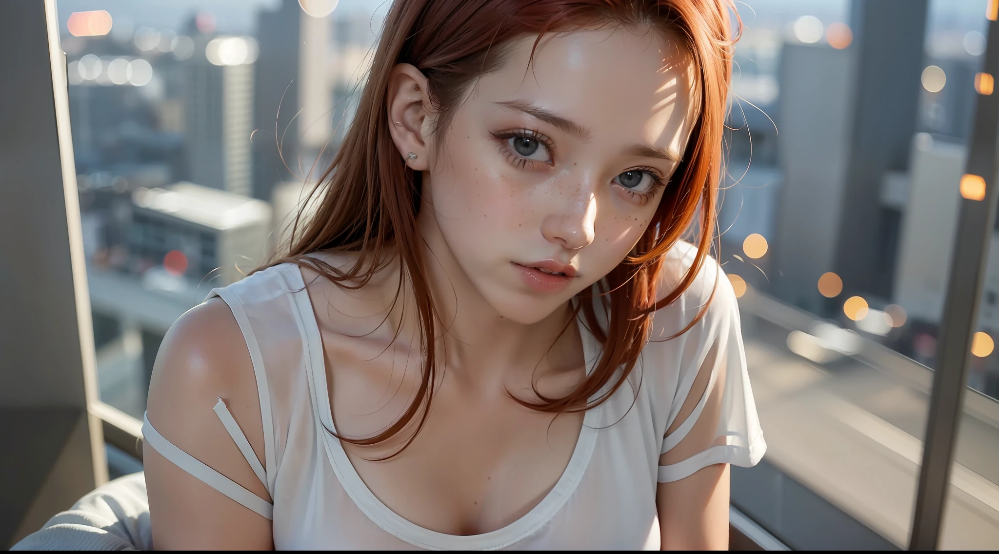 award-winning photo from waist up, portrait of a girl, redhead, freckles is sitting on a balcony, cyberpunk white shirt with V-neckline, breast visible through white T-shirt, slate atmosphere, cinematic, faded colors, dark shot, no sound colors, grainy film, insane details, intricate details, hyperdetailed, close-up, twilight, cyberpunk city background
