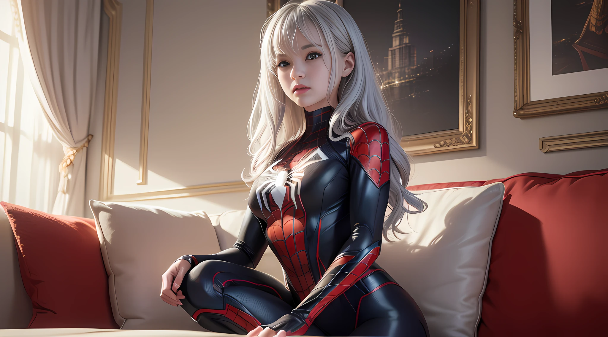 (Extreme Detail CG Unity 8K wallpaper, masterpiece, highest quality), (exquisite lighting and shadow, highly dramatic picture, Cinematic lens effect), a girl in a white Spider-Man costume, silver-gray hair color, from the Spider-Man parallel universe, Wenger, Marvel, Spider-Man, sitting on the couch, dynamic pose), (excellent detail, outstanding lighting, wide angle), (excellent rendering is good enough to stand out in its class), focus on Spider-Man costumes, broken costumes, complex spider textures, Appropriate posture
