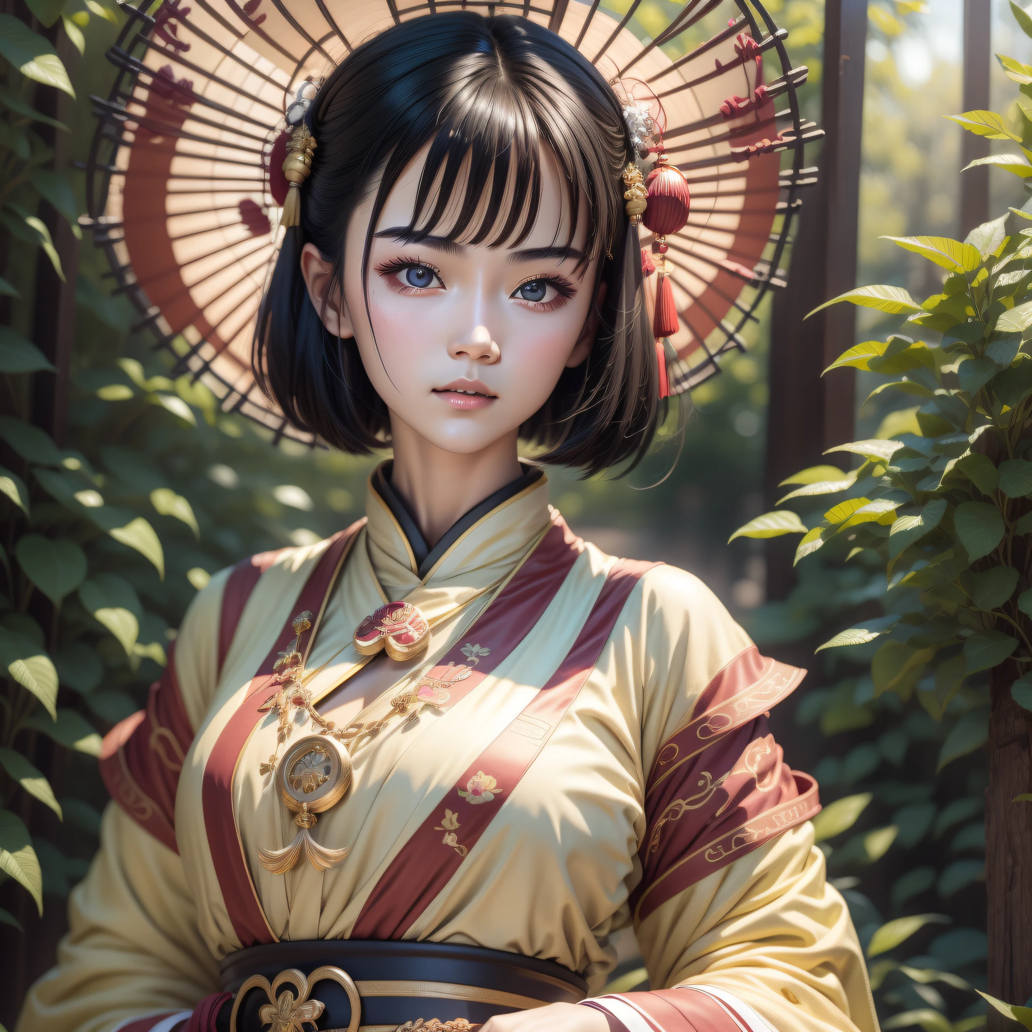 A Chinese girl 18 years old Beautiful eyes, real skin, delicate face, full body picture, hanfu, clothing details, skin details, slim body, delicate and delicate, short hair, black hair, blunt bangs ,beauty, best quality, super detailed, masterpiece, fine detail, high resolution, 8k wallpaper, realistic details, skin details, super detailed, high resolution, extremely detailed, cinematic lighting texture, beautiful, perfect, hd