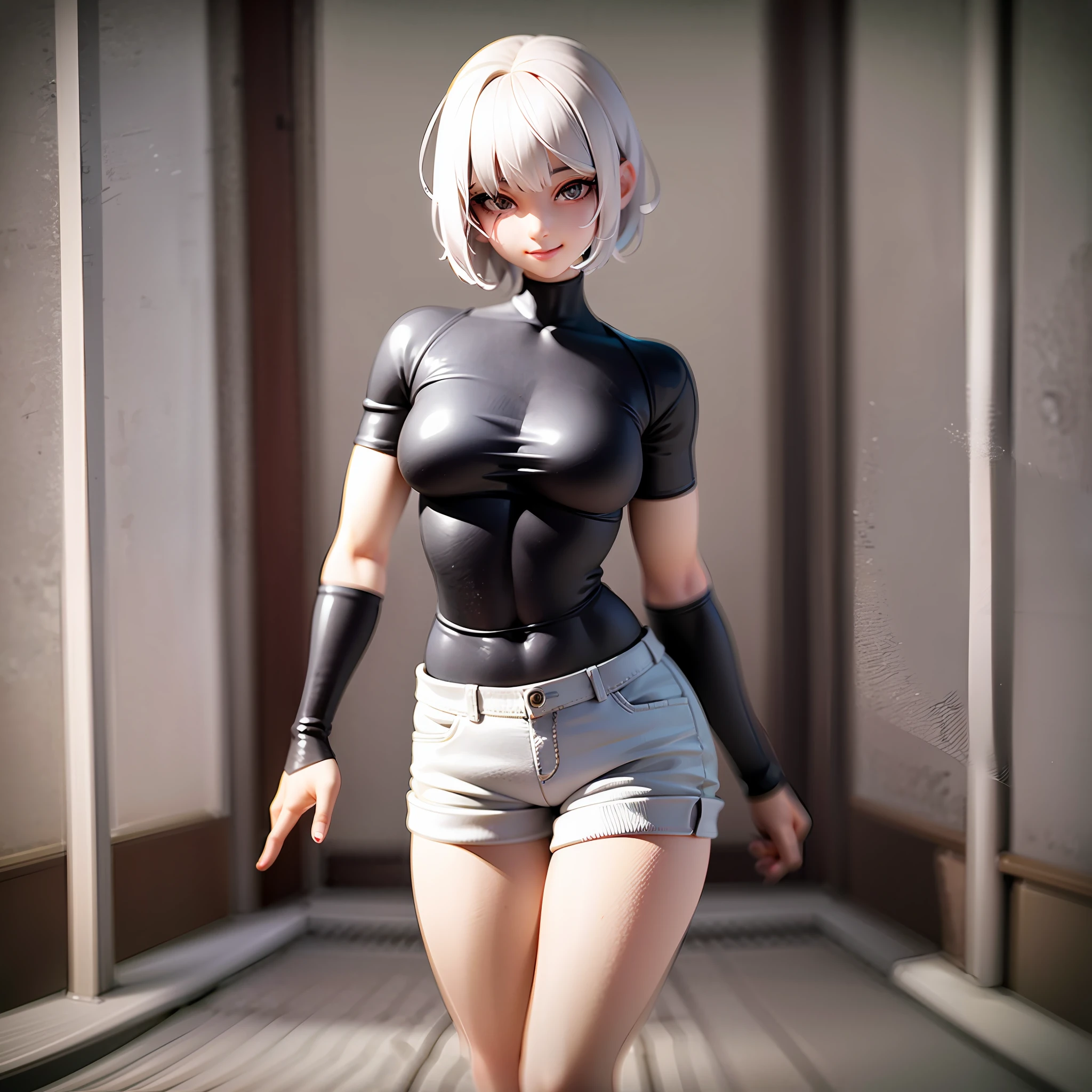 white hair, short cut,1girl,short pants, sneakers, beautiful eye, full body, dancing, looking away, black suit,[realistic], [3d], smile, closed mouth,(8k, RAW photo, best quality, masterpiece:1.2), ultra high res, photo realistic, professional lighting, detailed lighting, professional photography, high quality, high res, extremely detailed, bloom, depth of field, sketch, sharp focus, soft lighting, detailed, detailed skin, to8contrast style