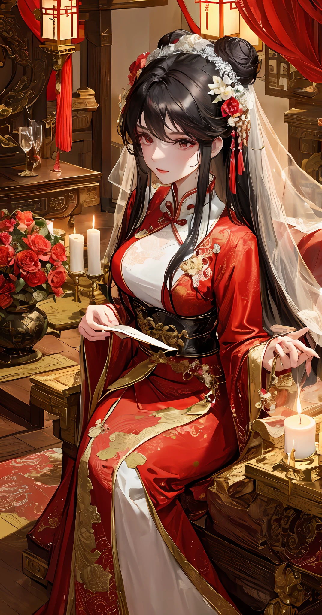 Masterpiece, Superb Product, Cave House Flower Candle Night, Wedding Scene, 1 Daughter, Mature Woman, Chinese Style, Sister, Royal Sister, Chinese Costume Red Wedding Dress, Bun, Black Long-Haired Woman, Gentle, Intellectual, Three Belts, Wedding Background, Wan, Red Lantern