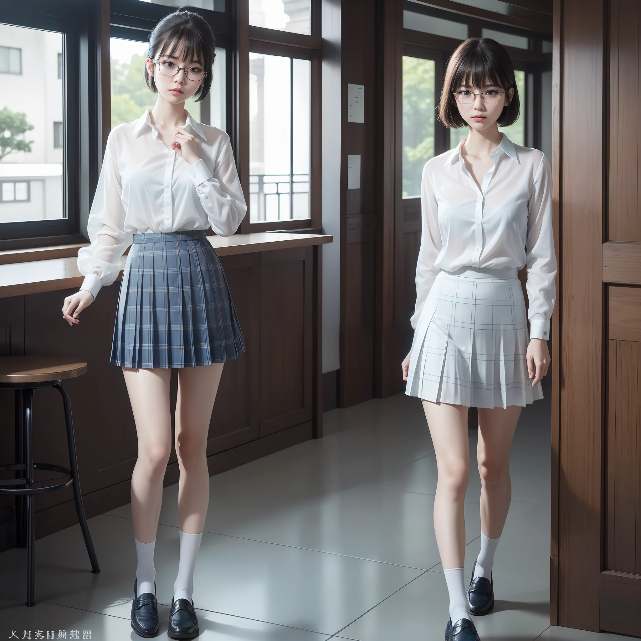 (8K, RAW Photo, Best Quality, Masterpiece: 1.2),Short Hair,Solo,Glasses,Chinese Woman,Standing,Tight Eyes,Thin,Gritty,Angry,Small,Flat Breasts (Realistic, Photorealistic:1.37), Best Quality, Ultra High Resolution, Photon Mapping, Radiosity, Physically Based Rendering, Blur, Foreground, Depth of Field, Blurred Background, Photo_\( Medium), motion blur, girl, (full) body), long legs, slender legs, medium hair, bangs, (bangs visible), hair_ornament, lips, blue_eyes, nosesoft, china, white shirt, navy blue and white plaid pleated skirt, sheer clothing, black loafers, thigh, black cotton socks,