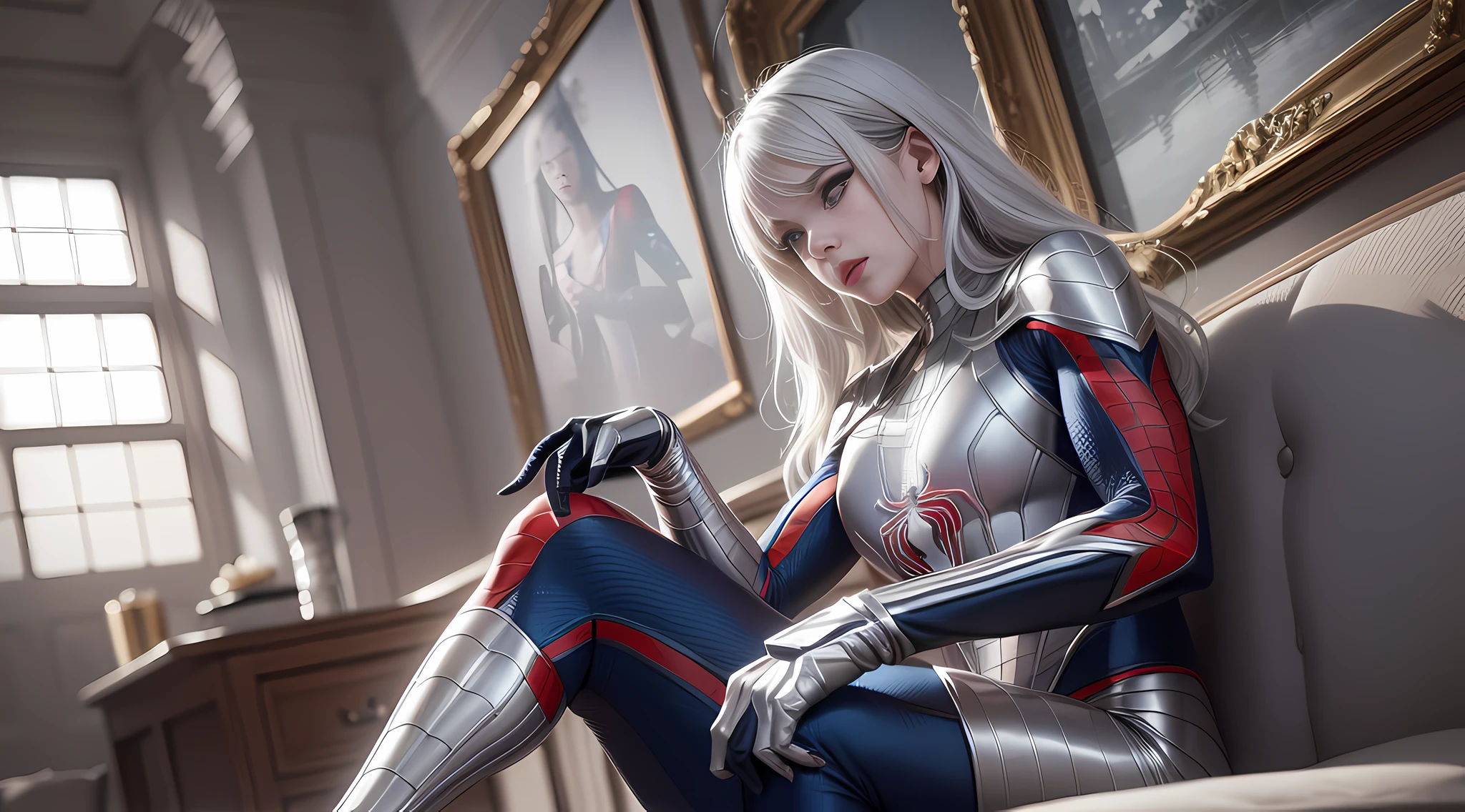 (Extreme Detail CG Unity 8K wallpaper, masterpiece, highest quality), (exquisite lighting and shadow, highly dramatic picture, Cinematic lens effect), a girl in a white Spider-Man costume, silver-gray hair color, from the Spider-Man parallel universe, Wenger, Marvel, Spider-Man, sitting on the couch, dynamic pose), (excellent detail, outstanding lighting, wide angle), (excellent rendering is good enough to stand out in its class), focus on Spider-Man costumes, broken costumes, complex spider textures, Appropriate posture