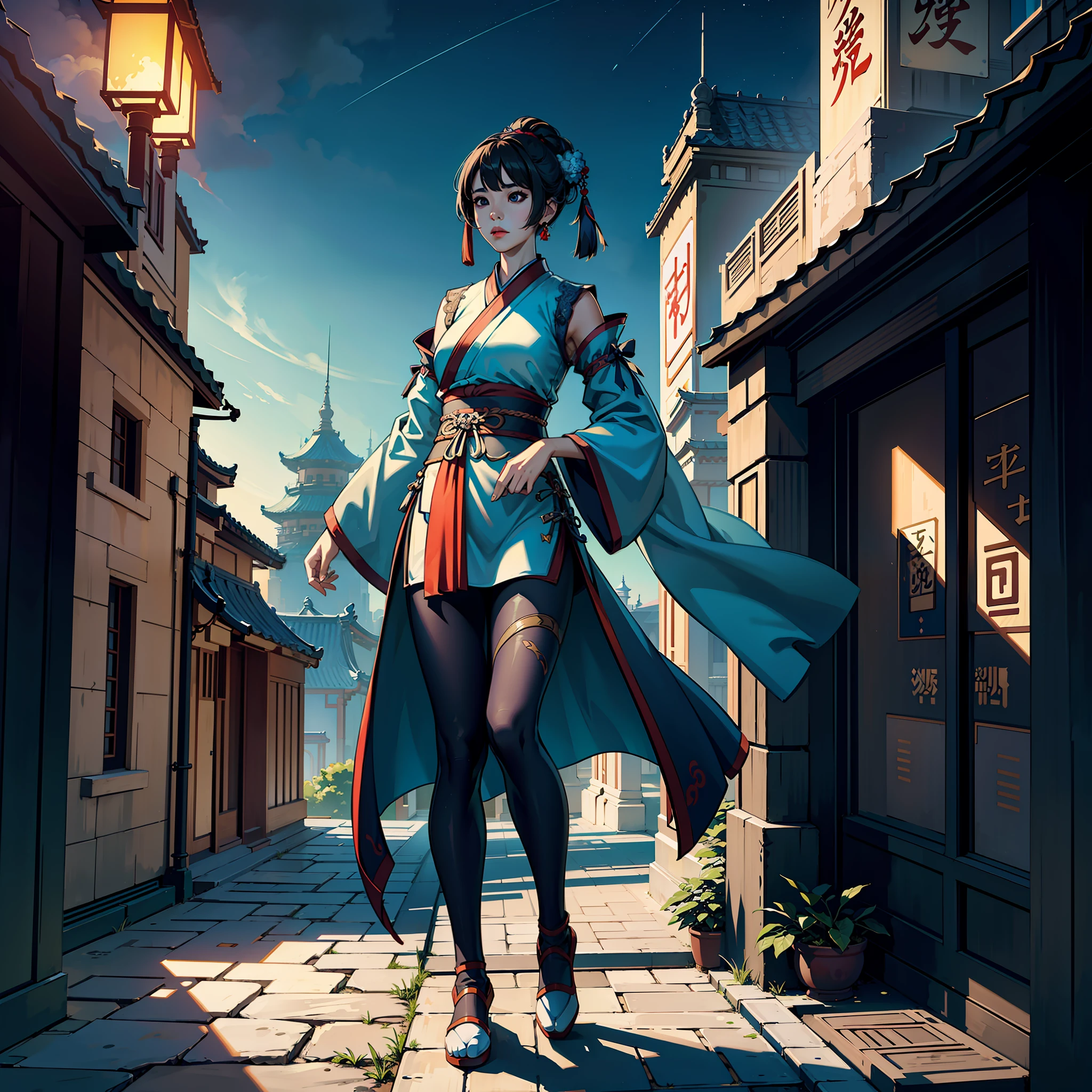 Masterpiece, Professional Lighting, Photon Mapping, Teleportion, Physically Based Rendering, 1 Girl, Full Body, Absurd, High Definition, Skyline, Beautiful Detailed Sky, Covering, (Hanfu, Ming-style), Leggings --auto --s2